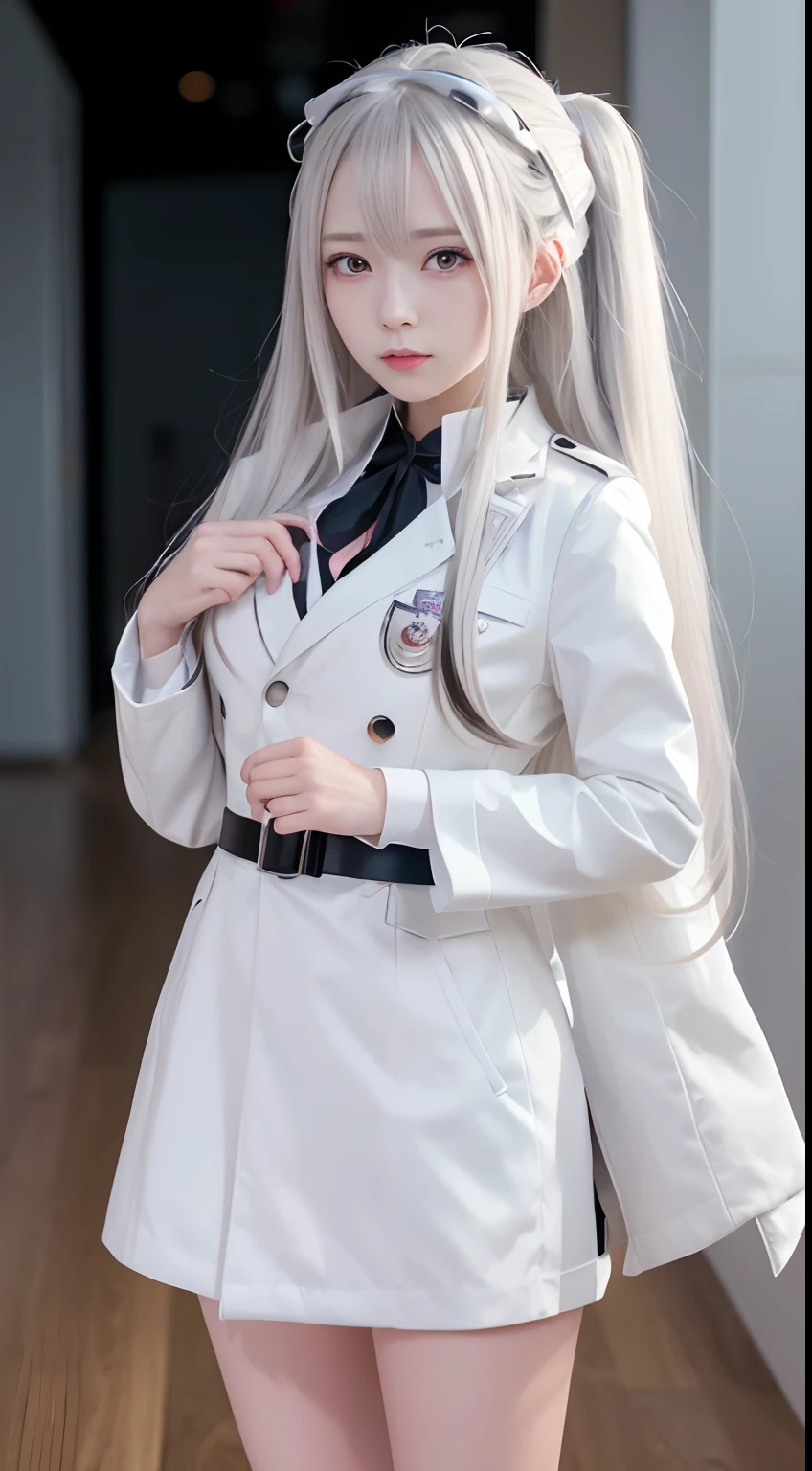 Anime girl with long hair and white coat stands in the hallway, girls frontline style, from girls frontline, from arknights, portrait anime space cadet girl, Cute anime girl, Anime visuals of cute girls, silver hair girl, an anime girl, Anime Mecha Aesthetics, anime aesthetic, Beautiful Anime Portrait, Portrait Anime Girl, pretty anime girl, Beautiful anime girl、