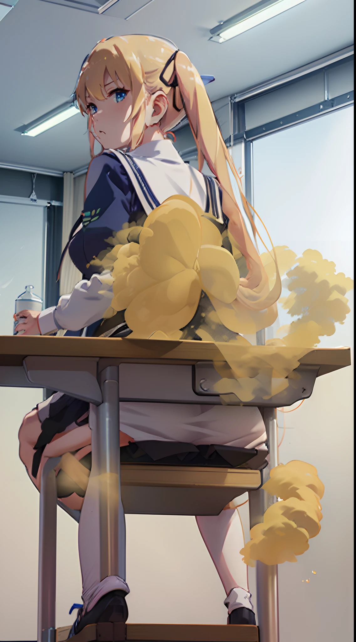 ((masutepiece, hight resolution,depth of fields, 4K,nffsw,))),Sawamura Spencer Eri々,a blond,Twin-tailed,length hair,Beautiful blue eyes, Girl farting from ass,You are smelling bad smells,Yellow smoke,Classroom during class,Girl sitting on a chair and taking class,Girl fart,Lori