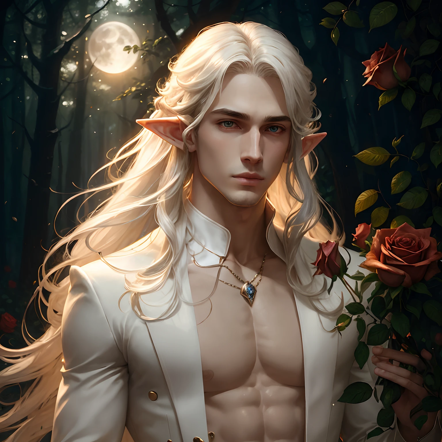 Male elf, masterpiece, highest quality, (solo focus), (perfect face:1.1), (high detail:1.1),dramatic, 1guy, (pale skin), long white hair, white eyes, [light eyebrows], solo, long hair, moon, night, black luxury g String, covered navel, pouty lips, covered, forest and roses, detailed background, art by artgerm and greg rutkowski, cinematic lighting, roses, fashion, BalenciagaStyle