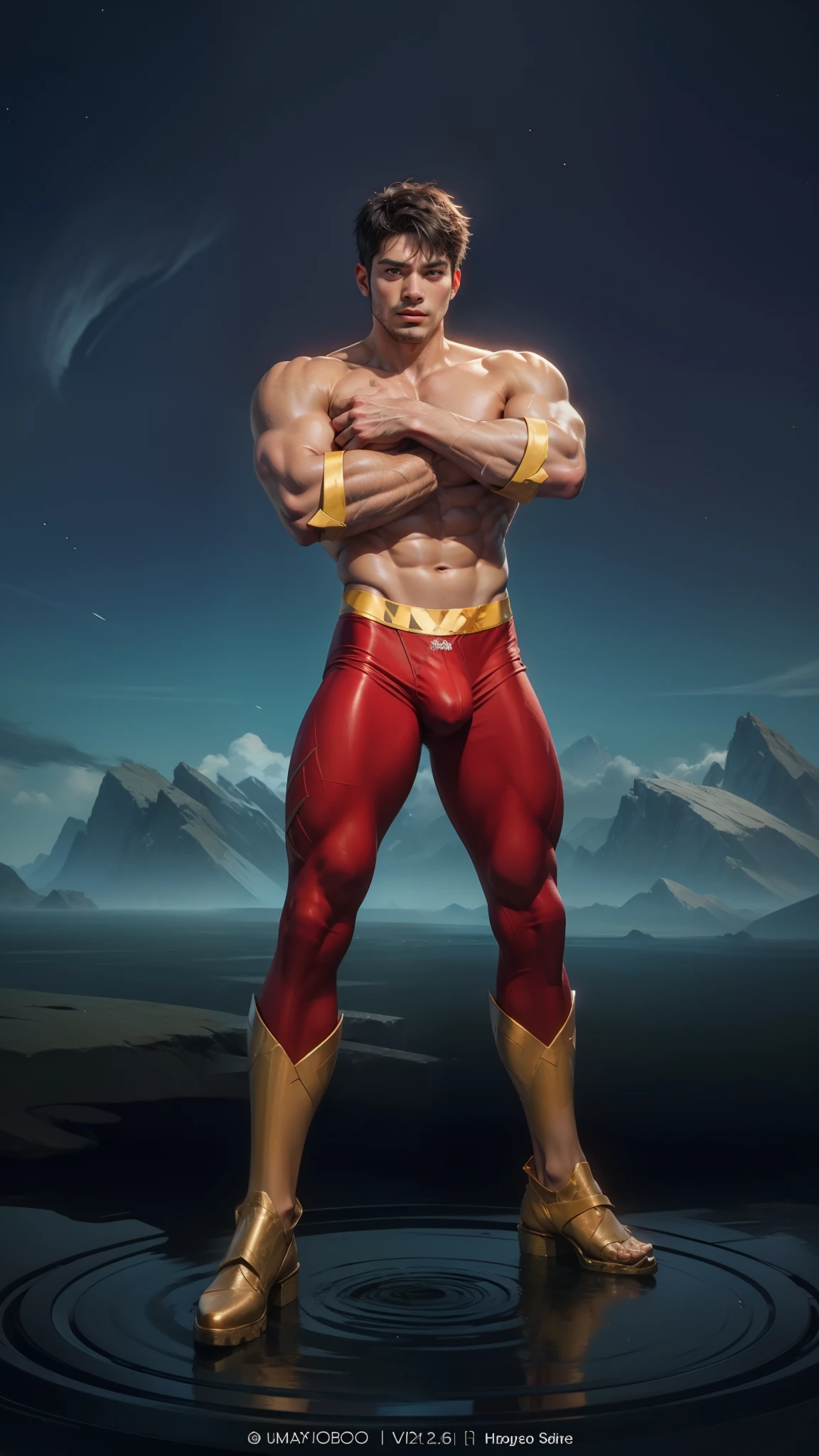 (max resolution: 1.2), (Ultra HDTV: 1.2), 8K resolution, Eye and skin details, detailed facial features, , (Sharp focus: 1.2), (Focus focus) facial expressions: 1.2), 1 Guy, Yes, Chest exposed, 8 Pack, (No shirt), (((Red briefs)))