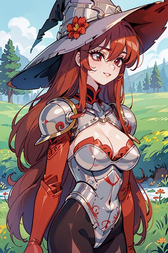 "(masterpiece:1.1), best quality,
1girl, (80s anime style:1.4), (eyelashes:1.5),
(intricate high detailed body:1.2),
red hair,
(hair between eyes:1.1), (long hair:1.1), (witch hat:1.2),
red eyes, (red lip stick, eye shadow:1.1),
(pale skin:1.3), (slim body:1.2), (huge breasts:1.1),
happy, smile,
(silver embroidery body suit armor, cleavage cutout:1.2), (pantyhose:1.3),
(knight armor, armored boots:1.2), (flower brooch:1.1), (accessories:1.1), long gloves,
standing,
(upper body:1.1),
(grassland, outdoors:1.2)"