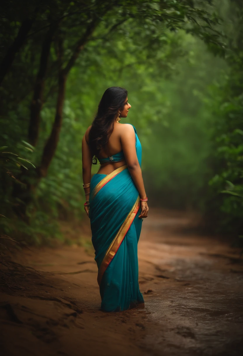 back side photo without face. Long focus. Far away kerla big boobed , curvy girl in saree standing in rain in forest . Long view sexy view. giving back pose without face. semi nude. Big ass - 8K quality - realistic