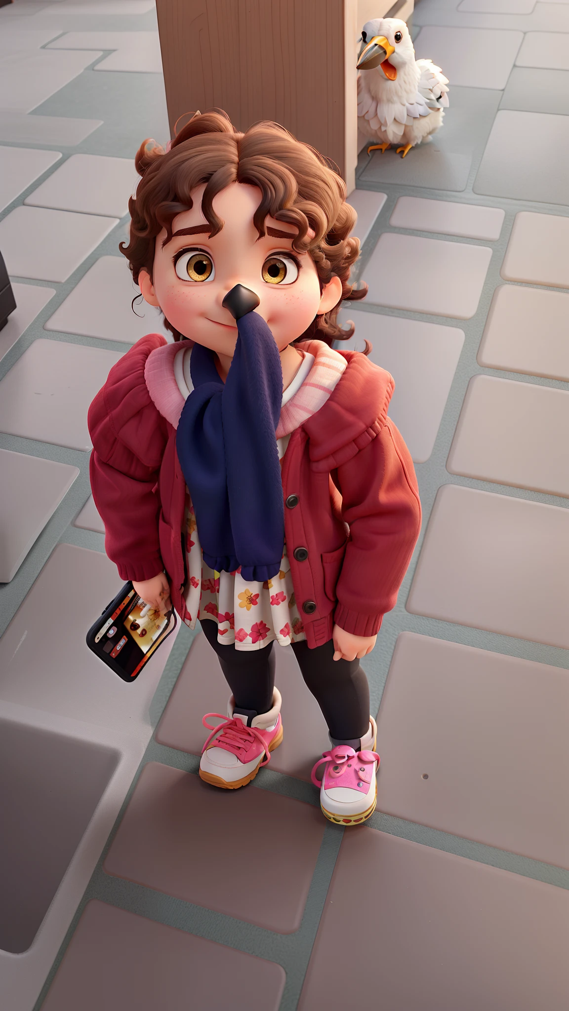 A with shoulder-length dark curly hair, dark eyes, holding a phone and sucking on her beak