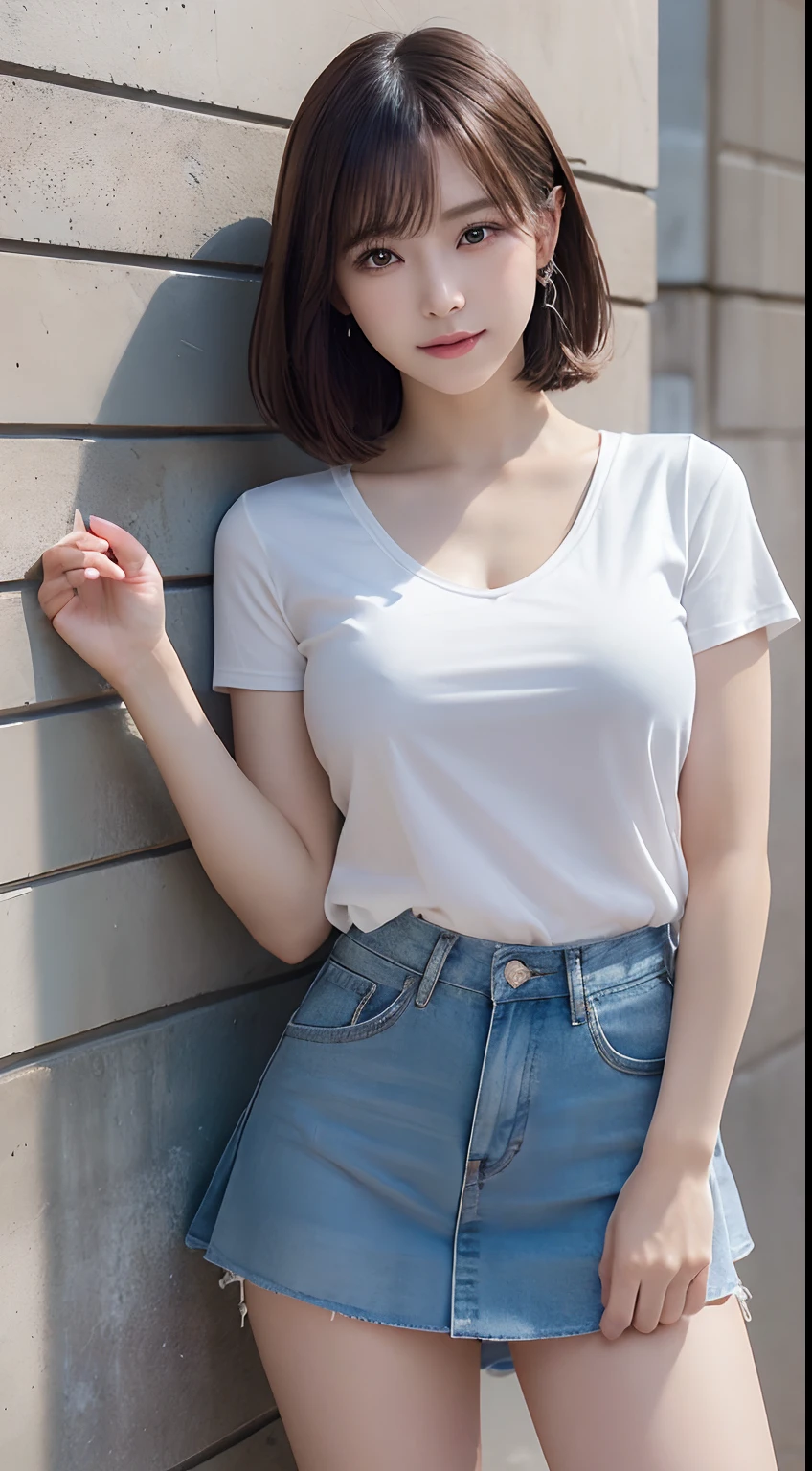 Innocent 18 year old girl、((flare miniskirt,white t-shirts,Dramatic poses)),Smile,short-cut,Park background、Raw photo, (8K、top-quality、​masterpiece:1.2)、(intricate detailes:1.4)、(Photorealsitic:1.4)、octane renderings、Complex 3D rendering ultra detail, Studio Soft Light, Rim Lights, vibrant detail, super detailing, realistic skin textures, Detail Face, Beautiful detail eyes, Very detailed CG Unity 16k wallpaper, make - up, (detailedbackground:1.2), shinny skin, Full body、From head to thigh、cleavage of the breast,((Stand with your hands against the wall emphasizing your chest))