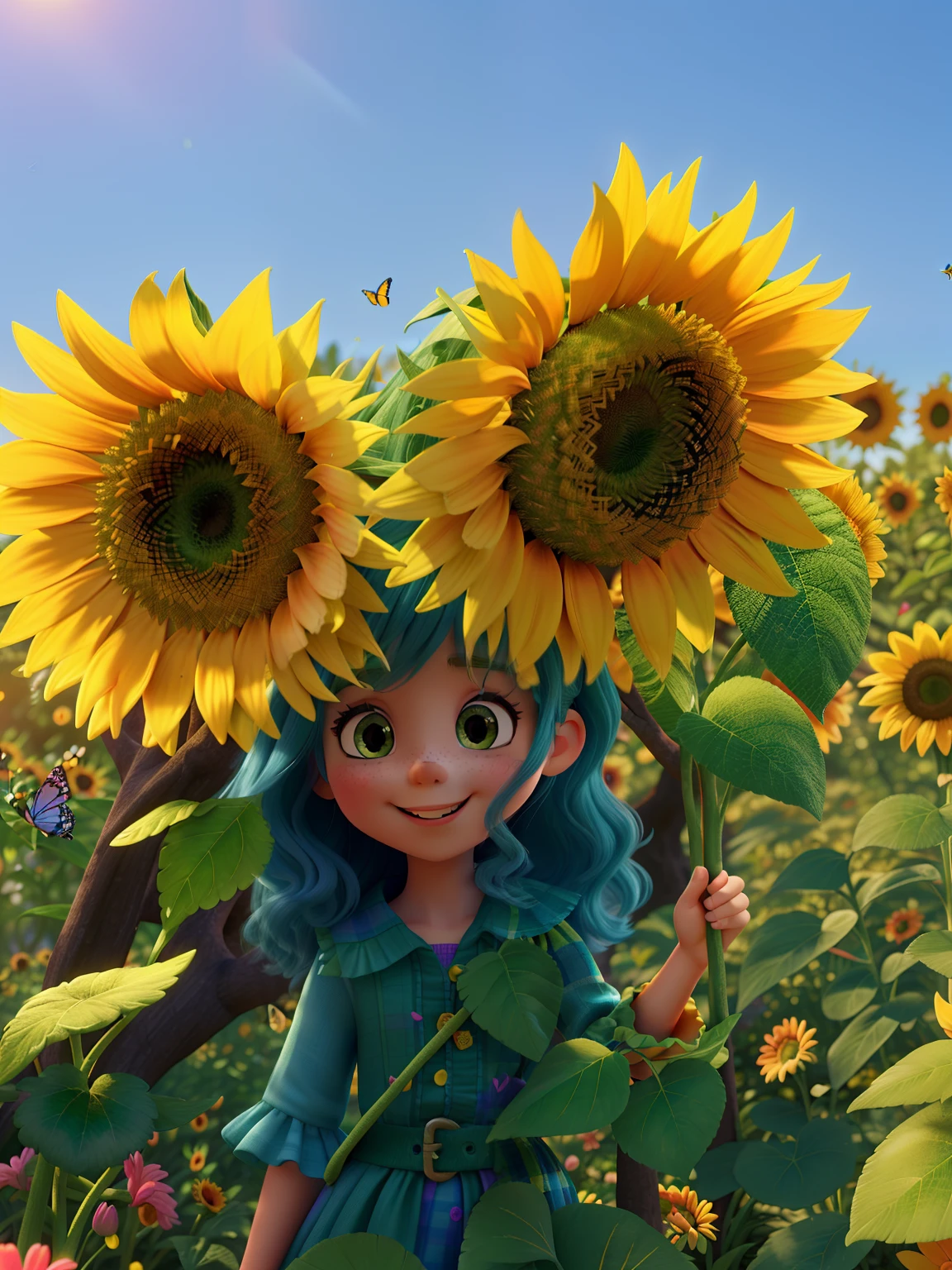 (lively,colorful,energetic) girl with (vibrant,sunflower-like) eyes, (playfully) sticking out her tongue. She has (flowing) (golden) hair and a (adorable,charming) smile. Her (lively) eyes are (bright,twinkling) like the summer sun. She is wearing a (colorful,flowy) dress, with (floral,leafy) patterns that match the vibrant garden she is in. The garden is filled with (lush,overgrown) green grass and (blooming,multicolored) flowers. The sun is shining (warmly) overhead, casting (soft,golden) rays of light on the girl. The atmosphere is (joyful,happy) and (carefree). The girl is (dancing,skipping) in the garden, her (bare) feet (lightly) touching the ground. The (butterflies, birds) are fluttering around her, adding to the (magical) ambiance. The colors of the scene are (vivid,saturated), with (bright,contrast) tones that bring the scene to life. The overall image is of the highest quality, with (ultra-fine,sharp) details and (realistic,photo-realistic) rendering. The lighting is (soft,natural), creating soft shadows and highlighting the girl's features. The art style is (whimsical,dreamy), resembling a (fantasy,fairy tale) illustration. The color palette is (warm,cheerful), with shades of yellow, green, and pink dominating the scene. The prompt captures the essence of a (joyful,carefree) girl in a vibrant garden, radiating happiness and positivity.