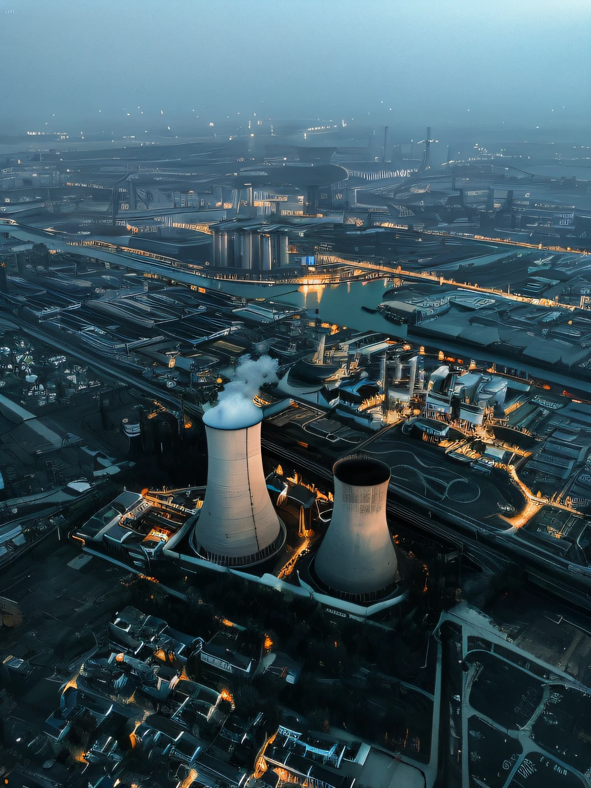 Aerial view of a power plant with a city as a background, power plants with smoke, power plants, nuclear power plant, industrial surrounding, shot from drone, Gotham City Industry, shot from drone, shot from above, industrial factory, aerial view of a cyberpunk city, industrial photography, nuclear energy future, industrial setting, drone view of a city, factories and nature