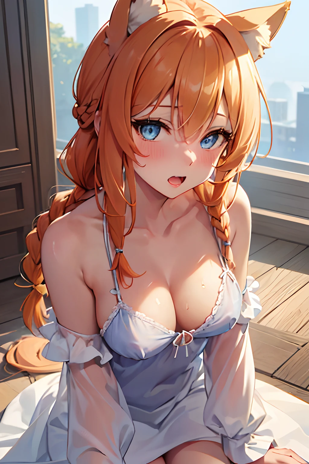 (*****, top-quality, 8K, masterpiece, Top image quality, Hi-Res, super detailing, Ultra HD, (Delicate and smooth skin, real looking skin, Perfect and beautiful face ,Perfect and cute face, high detail skin, Perfect limbs)), 1girl , no bra, braid covering nipple , down blouse, cleavage, sweating, camisole falling off shoulder, animal ear fluff , animal ears , blue eyes , blushing , collarbone , cowboy shot , hair between eyes , long hair , looking at viewer , medium breasts , open mouth , orange hair , single braid , solo , simple white background , white camisole , on all fours, leaning forward, mari (blue archive)