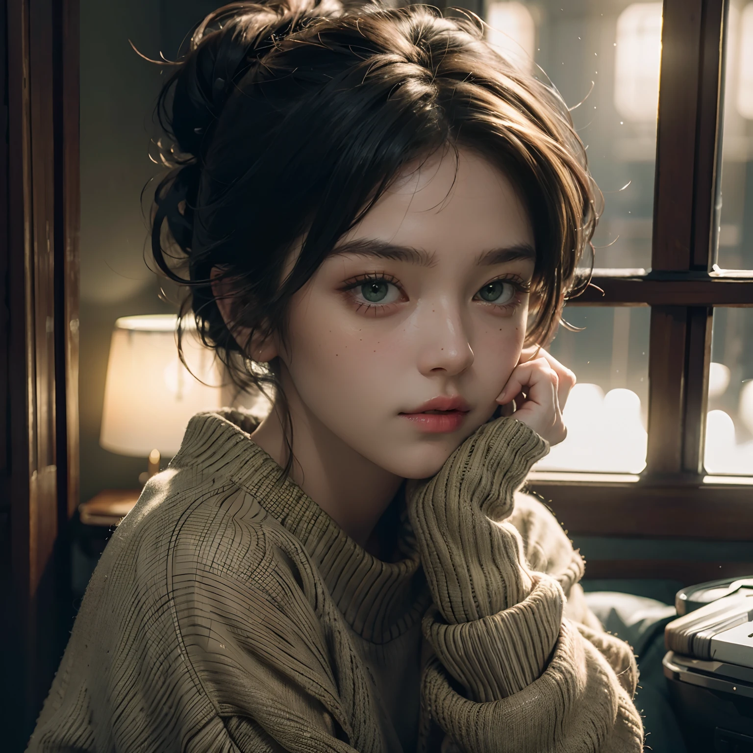 Best quality, masterpiece, ultra high res, (photorealistic:1.4), raw photo, 1girl, sweater, cinematic lighting, messy bun hair, green eyes, potrait