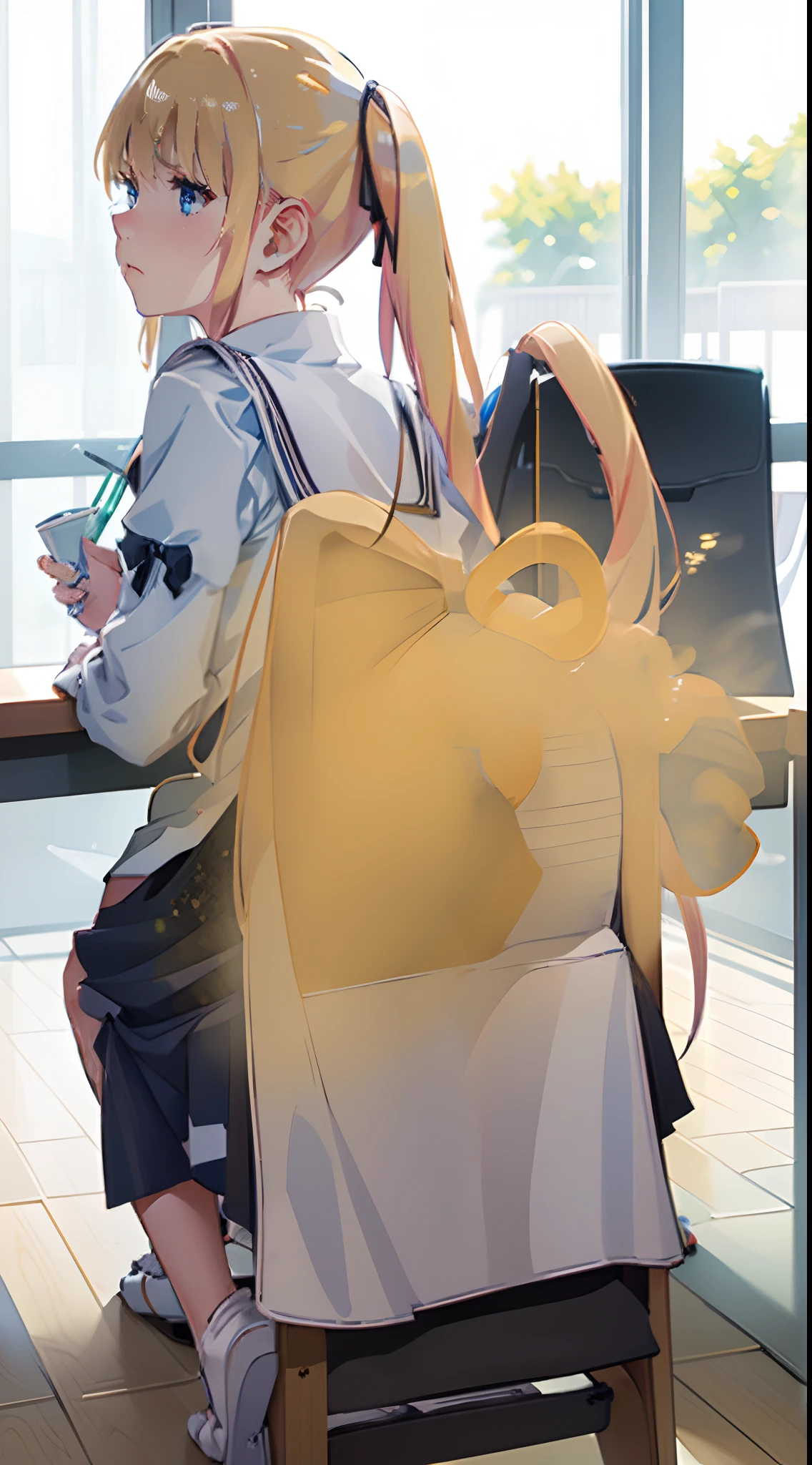 ((masutepiece, hight resolution,depth of fields, 4K,nffsw,))),Sawamura Spencer Eri々,a blond,Twin-tailed,length hair,Beautiful blue eyes, Girl farting from ass,You are smelling bad smells,Yellow smoke,Classroom during class,Girl sitting on a chair and taking class,Girl fart,Lori