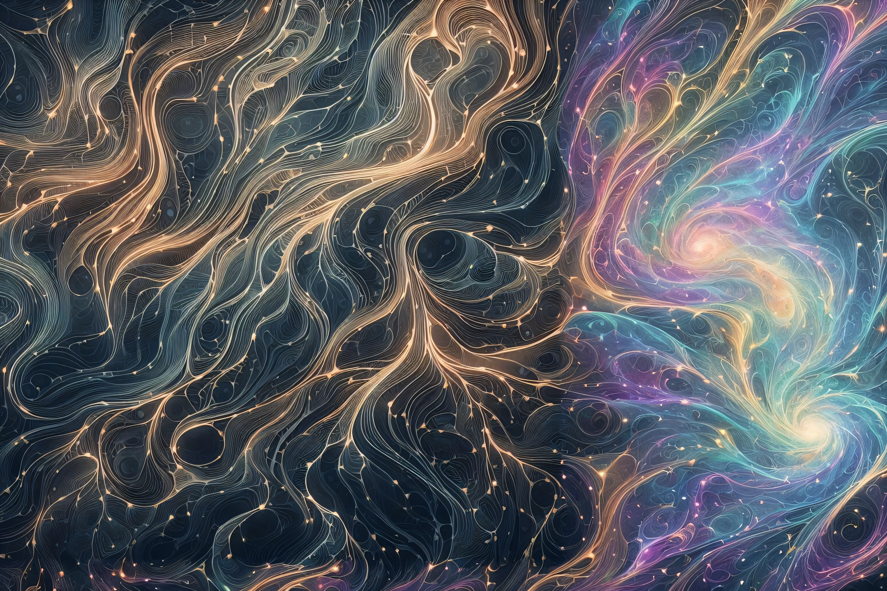 a close up of a very pretty looking abstract painting, beautiful cosmic neural network, generative art nebula, magic particles; magic swirls, flowing lines, infinite fractal waves, fractal waves, fluid lines, glowing swirling mist, swirling liquids, swirling bioluminescent energy, mystical swirls, swirling water cosmos, swirling flows of energy