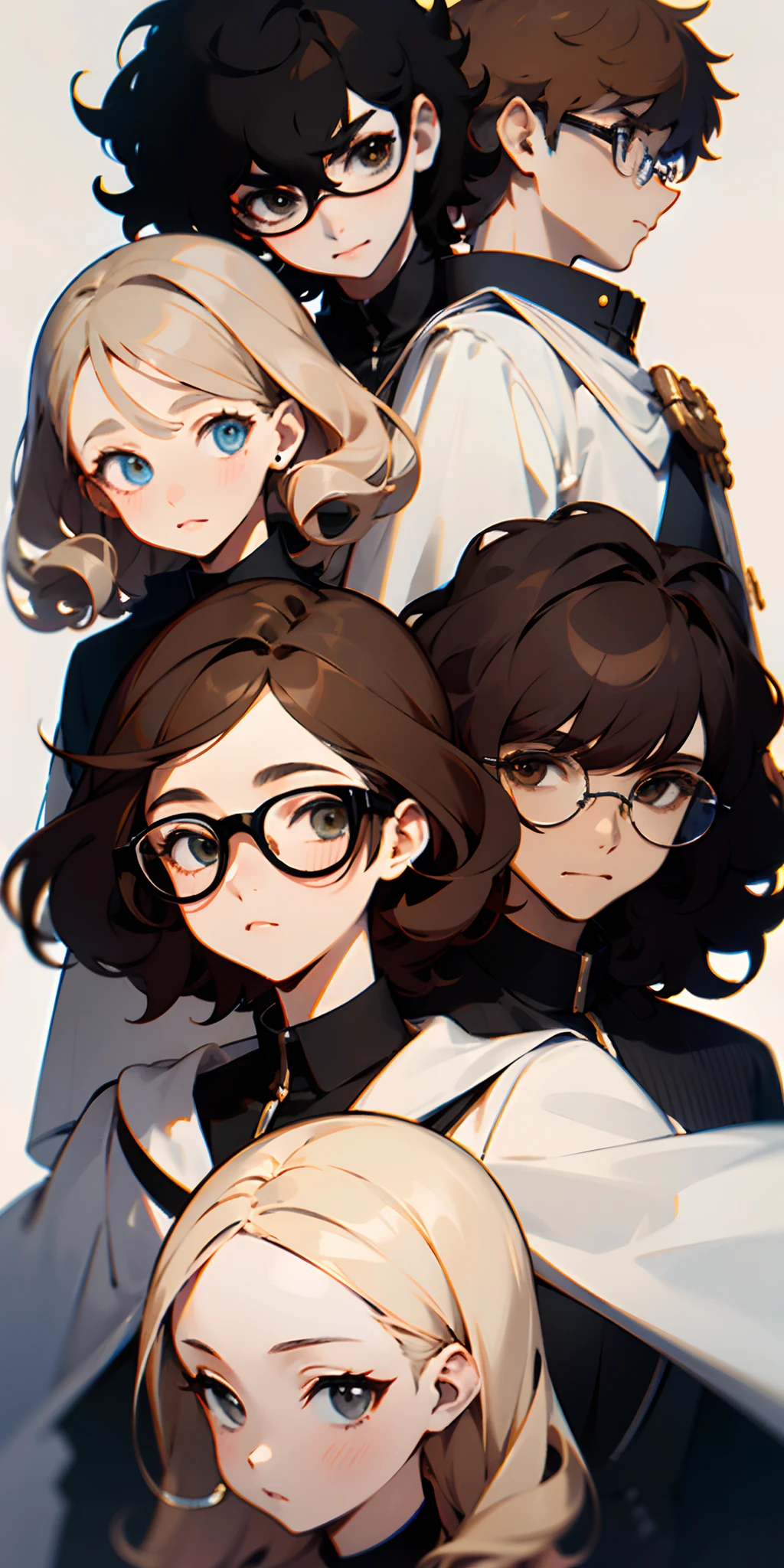 black hair white girl, brown hair white girl, black curly hair black girl, brown hair white boy, short black hair white boy, shoulder length brown hair white girl with glasses, curly blonde hair white girl with glasses