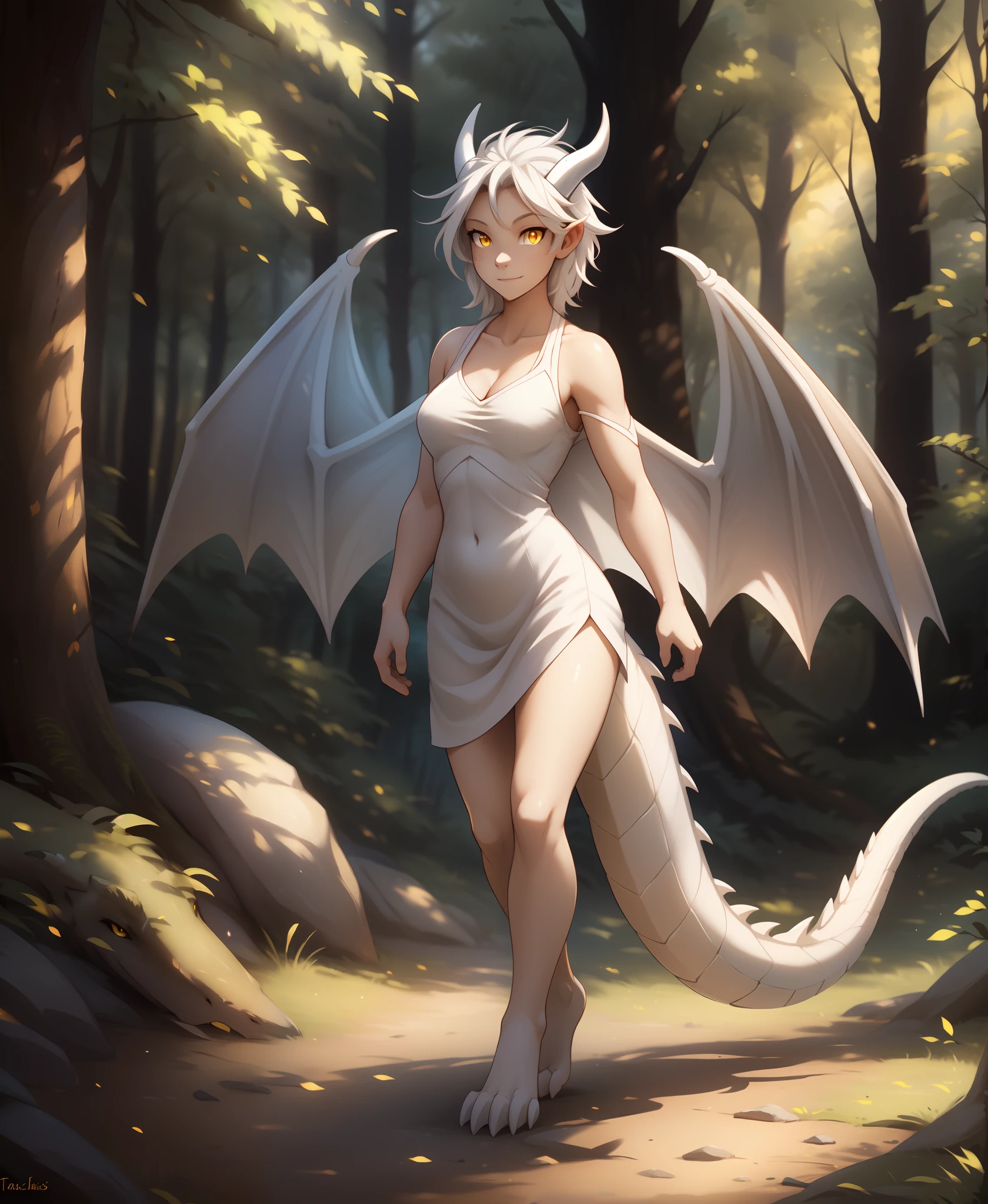 human-nora, twokinds, by tom_fischbach,, (best quality, masterpiece:1), full body ,solo, female human, yellow eyes, white hair, portrait, looking at viewer, horns, scalie, dragon wings, dragon tail, dragon humanoid, (outdoors dark forest trees blurry blurred background:1.1),