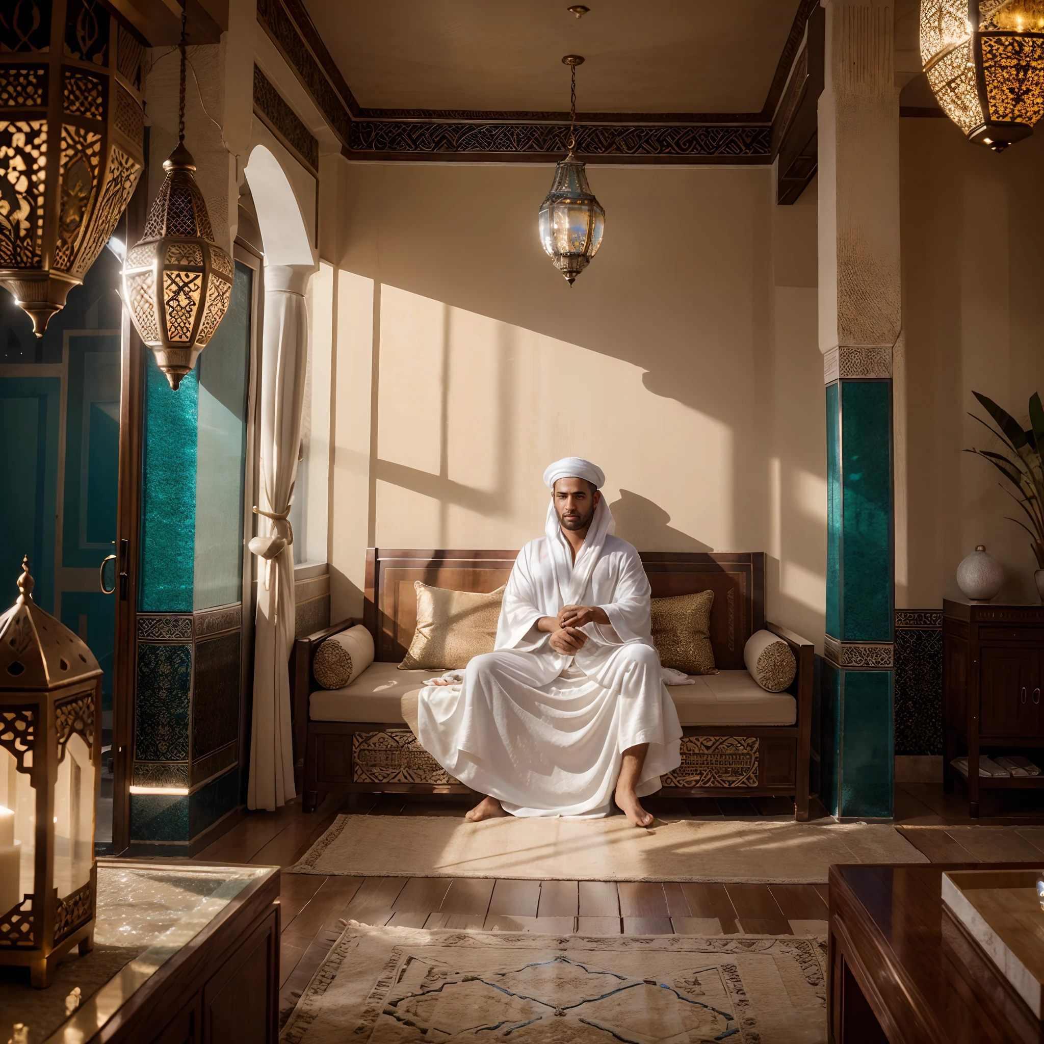 Strong Man amazigh wearing white djellaba and caftan,fez fes hat, seating in Moroccan salon, Amazigh pillows, chandelier, masterpiece, best quality, ultra high res, RAW, ((Riad)), Marrakech, Marrakesh, Moroccan lamps, (Photoluminescence), blooming flowers, clear, Cinematic RAW photo, hyper real photo, ultrarealistic, 8k uhd, dslr, soft lighting, high quality, film grain, Fujifilm XT3, photographed on a Kodak Retina II Sanyo Xacti VPC-CA6, 50mm lens, Wide Angle, HDR, hyper-realistic, colorgraded, volumetric lighting, [volumetric fog, moist], shallow depth of field, reflections, photo, (sparkling), glistening, (iridescent), glimmering, shimmering, mystical, enchanting, glittering, Morocco, exotic, (masterpiece) (best quality) (detailed) (8k) (HDR) (wallpaper) (cinematic lighting) (sharp focus) (intricate),