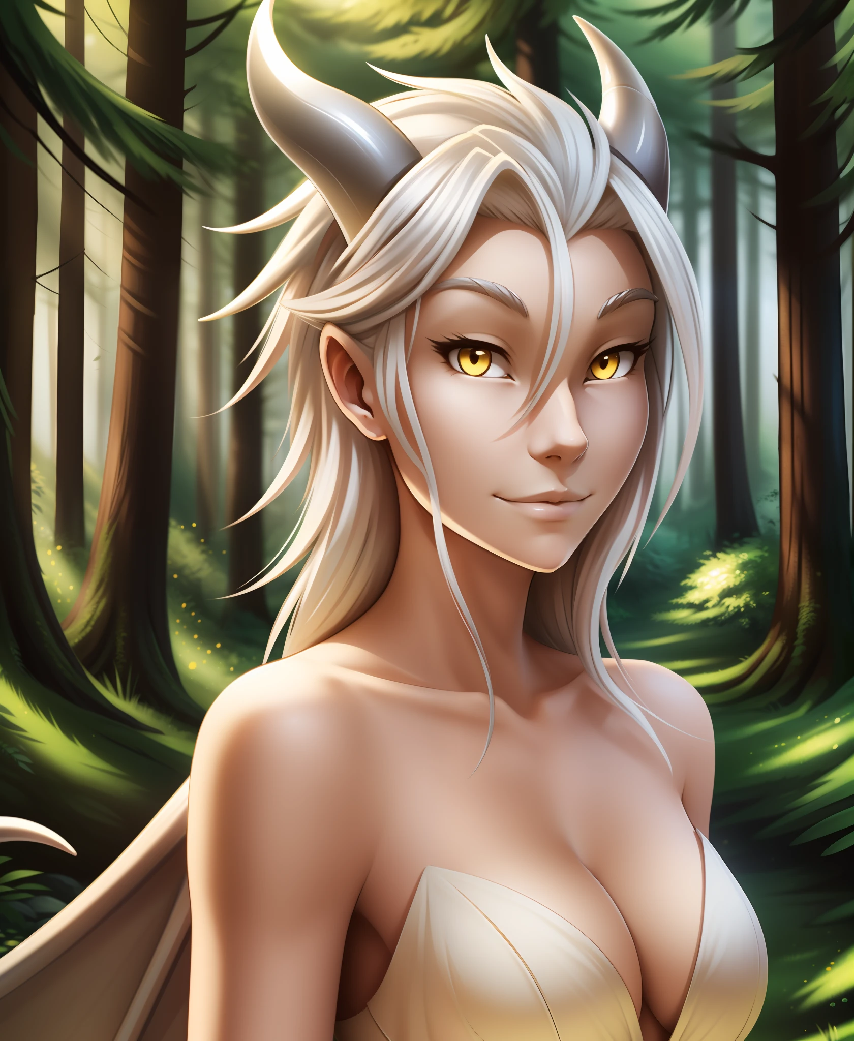 human-nora, twokinds, by tom_fischbach,, (best quality, masterpiece:1), full body ,solo, female human, yellow eyes, white hair, portrait, looking at viewer, horns, scalie, dragon wings, dragon tail, dragon humanoid, (outdoors dark forest trees blurry blurred background:1.1),