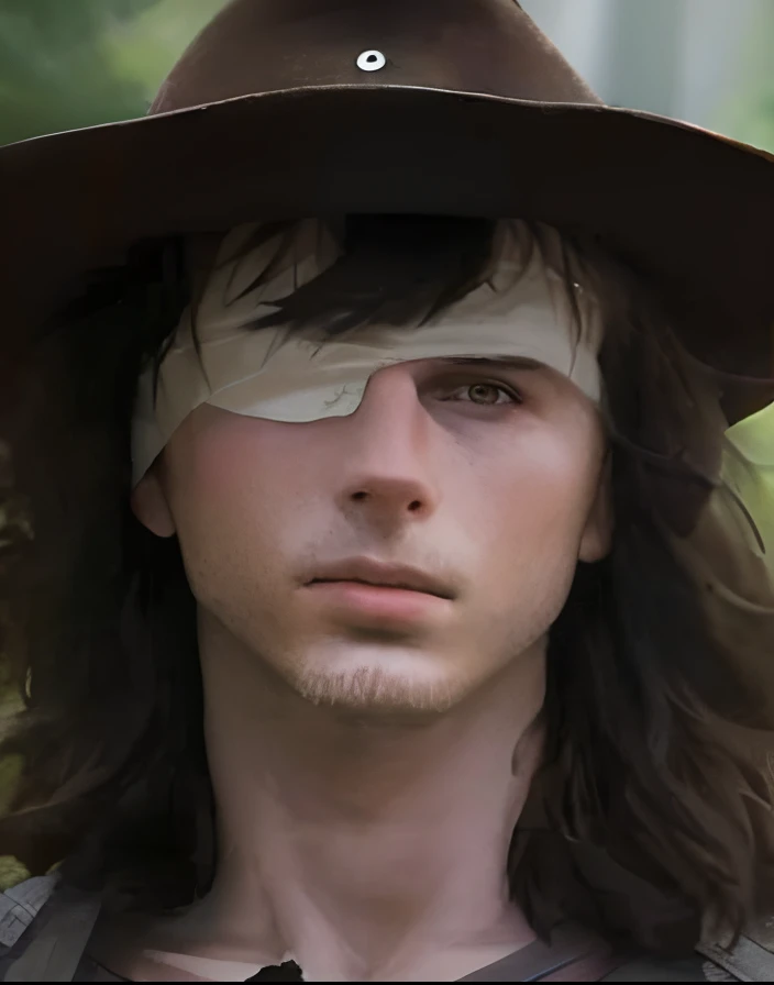 Man with hat and bandage on face, Em The Walking Dead, usando um adesivo sobre um olho, Ron, Rick Grimes, sem mancha olho direito, wears a destroyed hat, tapa-olho em um olho, Tyler, tapa-olho sobre um olho, ele usa um tapa-olho, Sou, Os Mortos-Vivos, Oscar, moderno, Finn Wolfhard