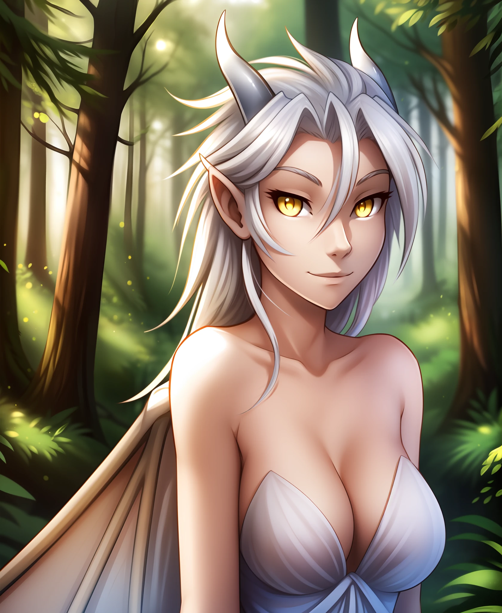 human-nora, twokinds, by tom_fischbach,, (best quality, masterpiece:1), full body ,solo, female human, yellow eyes, white hair, portrait, looking at viewer, horns, scalie, dragon wings, dragon tail, dragon humanoid, (outdoors dark forest trees blurry blurred background:1.1),