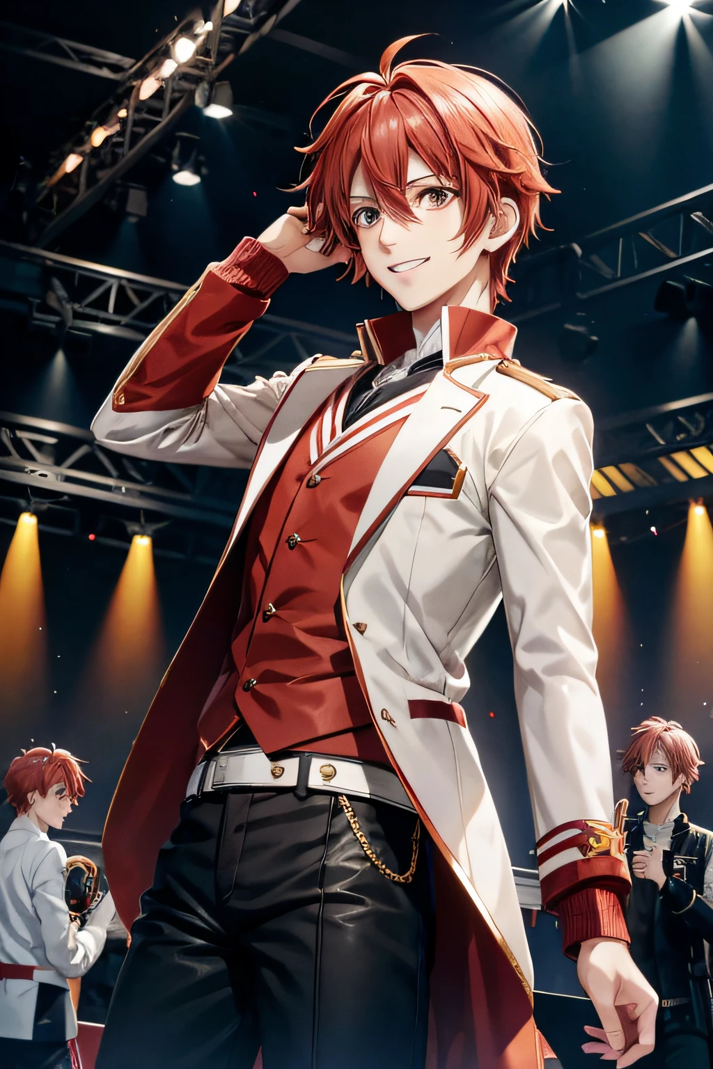 nanase riku\(idolish7\), solo, looking at viewer, smile, 1boy, hair between eyes, red hair, orange eyes, long sleeves, red shirt, male focus, white vest, stage, spotlight, stage lights,