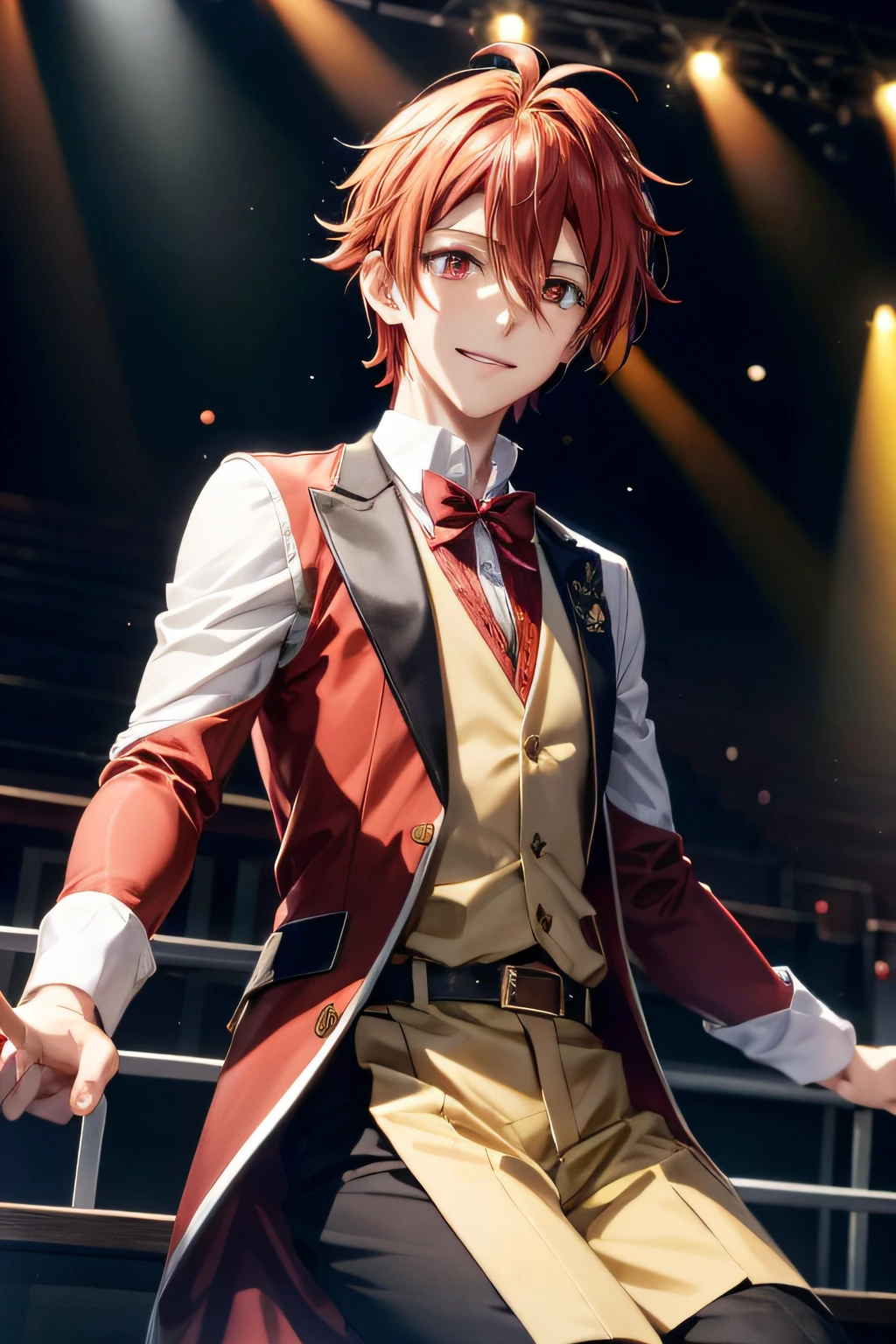 nanase riku\(idolish7\), solo, looking at viewer, smile, 1boy, hair between eyes, red hair, orange eyes, long sleeves, red shirt, male focus, white vest, stage, spotlight, stage lights,