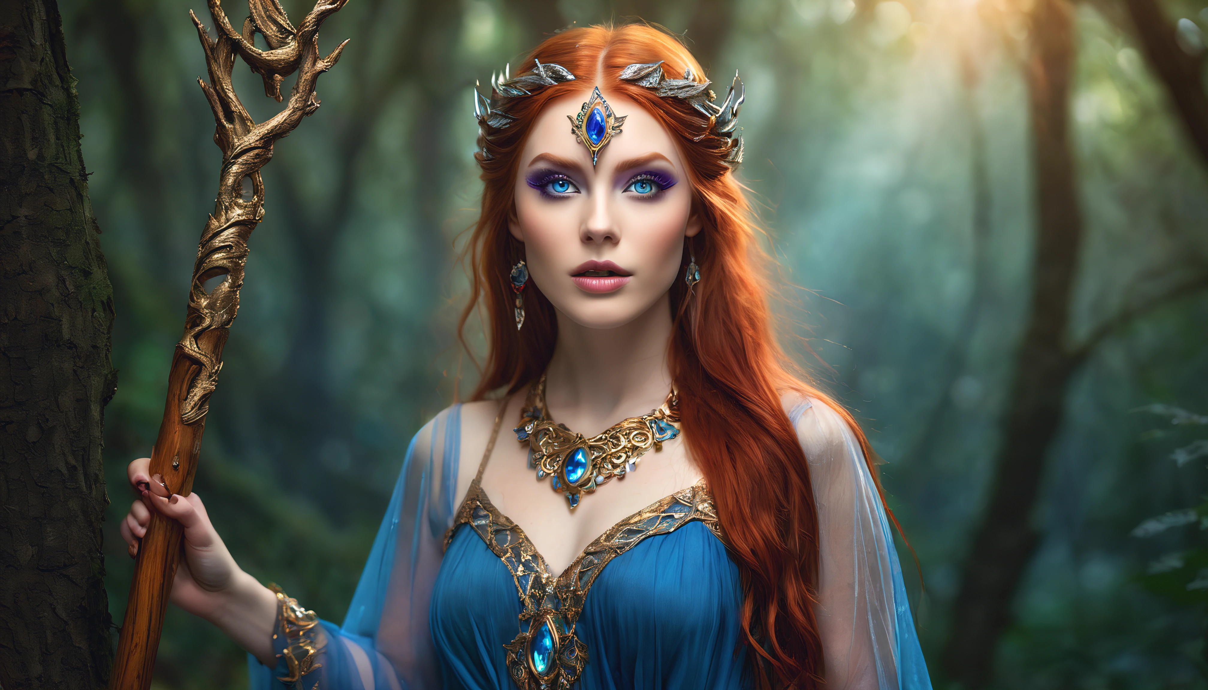 best quality,highres,ultra-detailed,(realistic:1.37),beautiful detailed eyes,beautiful detailed lips,extremely detailed eyes and face,longeyelashes,(HDR:1.1),(vivid colors:1.1),(sharp focus:1.1),(physically-based rendering:1.1),portrait,sorceress,red hair,distinctive white streak,intricate gold jewelry,elven heritage,blue eyes,confident expression,fierce,standing in a magical forest,against a backdrop of ancient trees and mist,holding a wooden staff with glowing crystal orb on top,wearing a flowing dress made of shimmering fabric,soft sunlight filtering through the leaves,casting a warm and ethereal glow on her,eerie blue and purple hues surrounding her,illuminating her with a mystical aura.