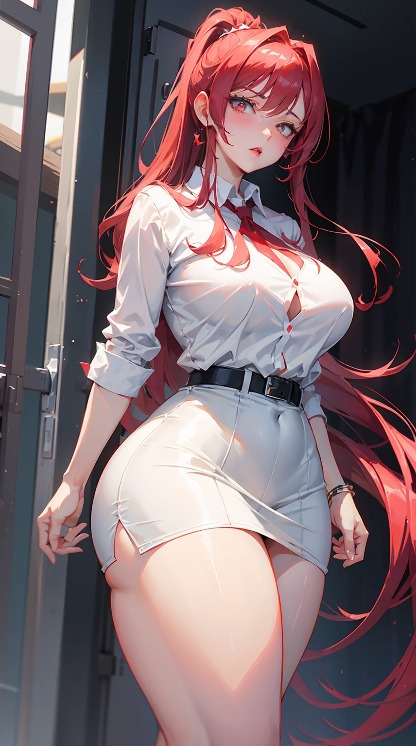 1 woman milf “"Giant breasts" + "large rear" + "wide hips" + "plump thighs" + "red eyes" + "(white star pupils)" + (("serious expression")) + "Long red Hair in a ponytail" + "Red Lips" + "Lucious Lips"”)}, {“Outfit”: tight white shirt, short tight black skirt, long white Lab Coat open})