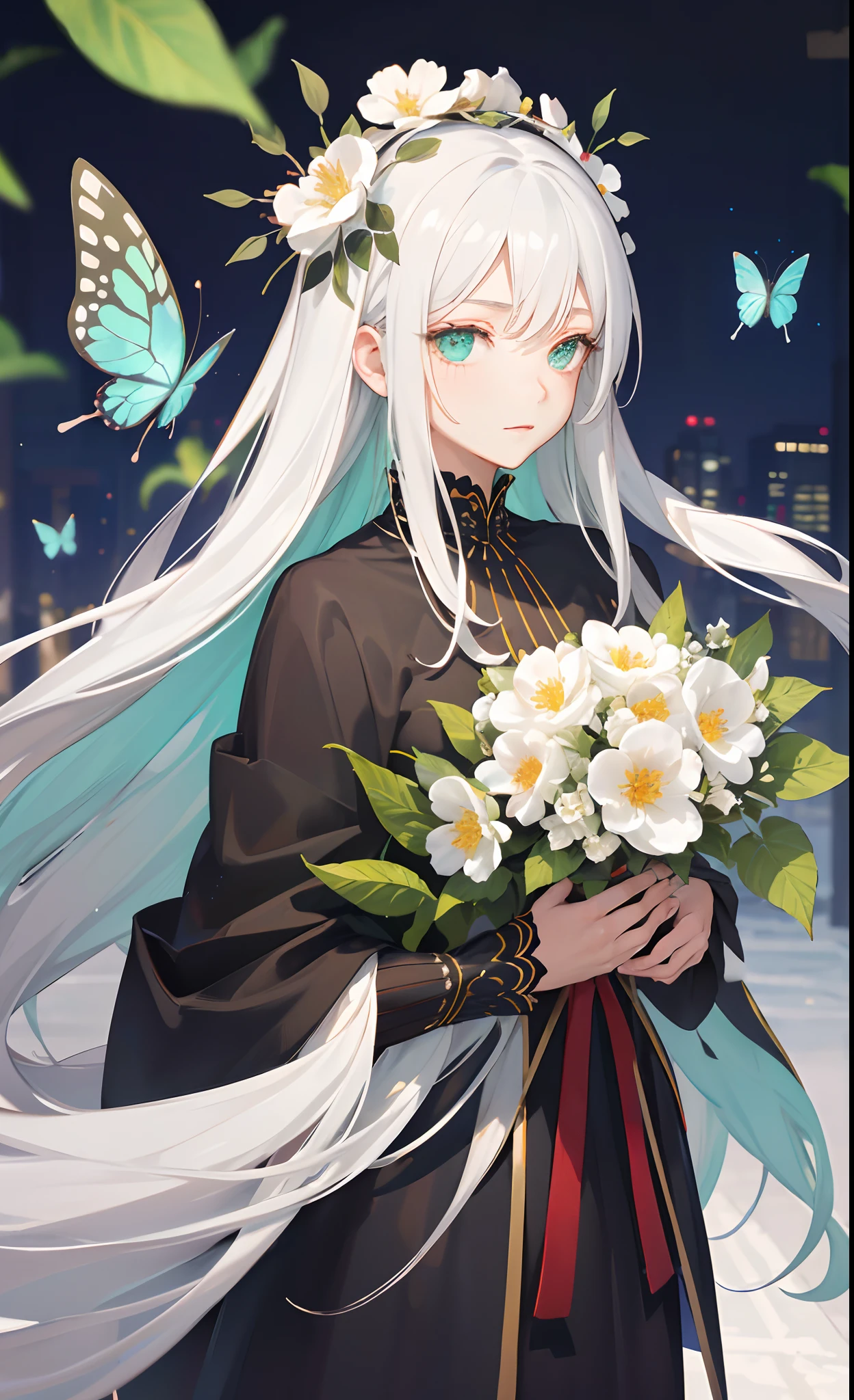 masutepiece, Best Quality, (White long hair: 1.7), (Beautiful green eyes: 1.7), (Short black cloak: 1.3). (Modern City: 1.5), girl, Single flower on the head, ((High Detail Skin, Visible Pore)), (Perfect figure), beautiful Girl, side lights, (Fine beautiful eyes: 1.2), (masutepiece), Portrait, (Bust), Realistic, Anatomically correct, 3D Face, Sweet skin, Cute face, Bright eyes, Bright butterflies