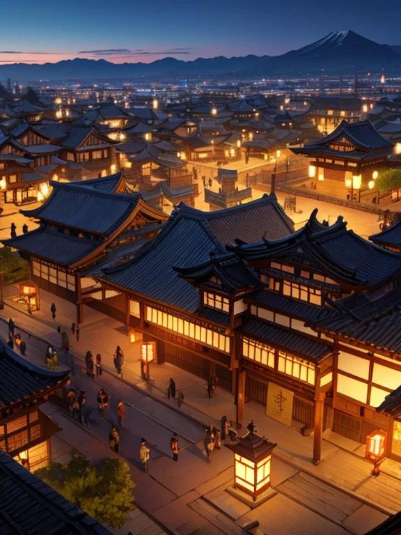 medieval Japanese city in celebration with lanterns. Bird's Eye View (BEV)