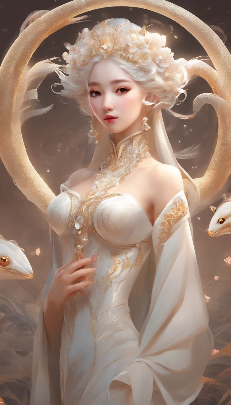Pixar style super cute anthropomorphic white snake, Hanfu, Charming big eyes, Cute tail, standing, Surreal, Super fine, Luxurious, Graceful standing, Charming big eyes, Cute tail, standing, Surreal, Super detailed, Luxurious, elegant, complex, Gorgeous, illusory engine, Octane rendering, 8K, Frey surrealism