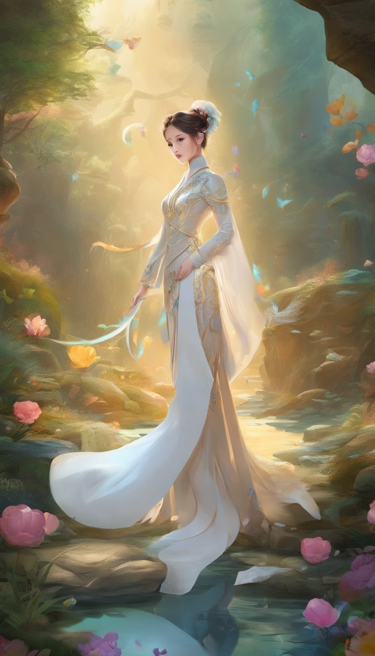 Pixar style super cute anthropomorphic white snake, Hanfu, Charming big eyes, Cute tail, standing, Surreal, Super fine, Luxurious, Graceful standing, Charming big eyes, Cute tail, standing, Surreal, Super detailed, Luxurious, elegant, complex, Gorgeous, illusory engine, Octane rendering, 8K, Frey surrealism