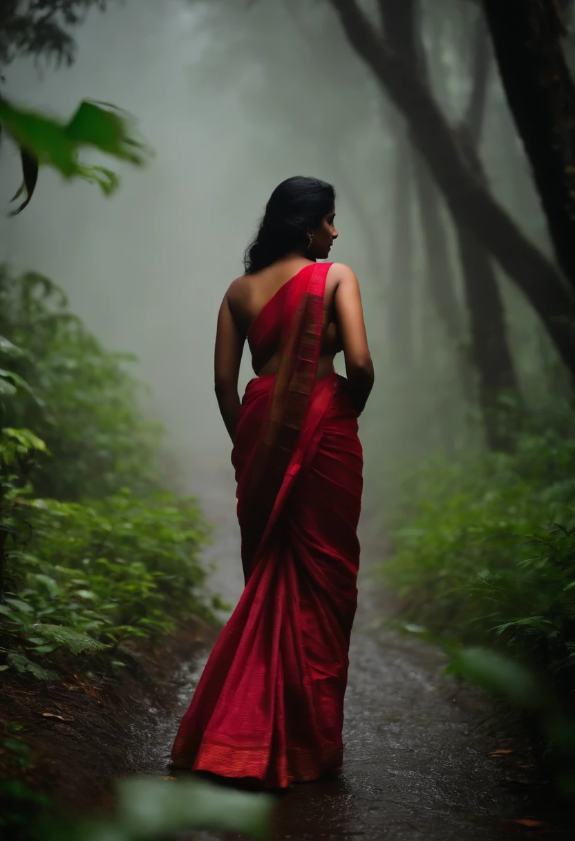 back side photo without face. very Long focus. Far away kerala big boobed , curvy girl in saree standing in heavy rain and fog in forest . Long view sexy view. giving back pose without face. nude. Big ass - 8K quality - realistic