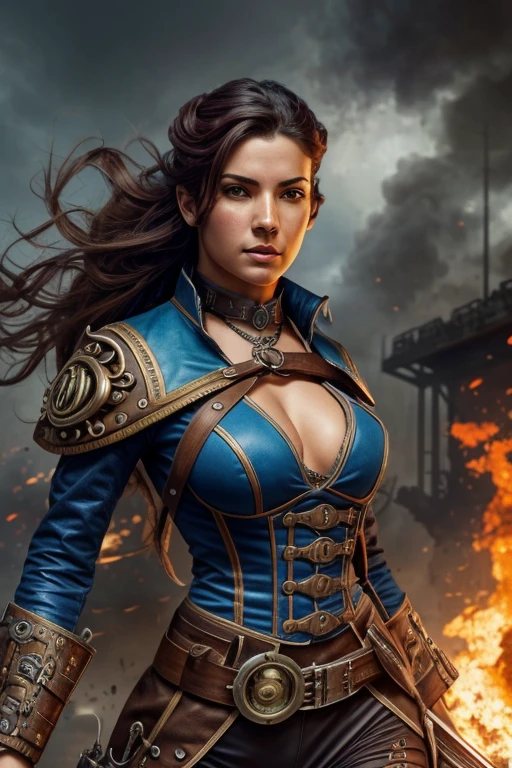 Arte em cores estilo Alex Horley, General Athletic Lined Woman Steampunk, trajando farda Azul, Dynamic shouting orders, Steampunk war scenario, Ultra HD images definition 3840x2160.