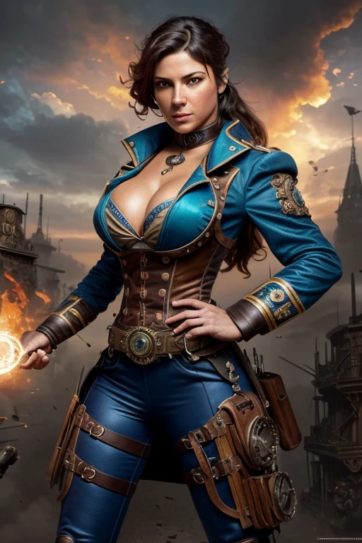Arte em cores estilo Alex Horley, General Athletic Lined Woman Steampunk, trajando farda Azul, Dynamic shouting orders, Steampunk war scenario, Ultra HD images definition 3840x2160.