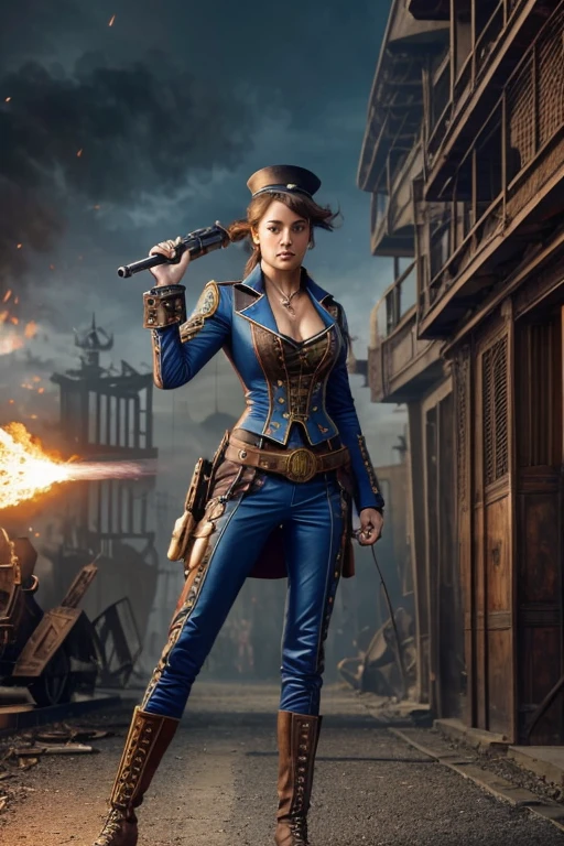 Arte em cores estilo Alex Horley, General Athletic Lined Woman Steampunk, trajando farda Azul, Dynamic shouting orders, Steampunk war scenario, Ultra HD images definition 3840x2160.