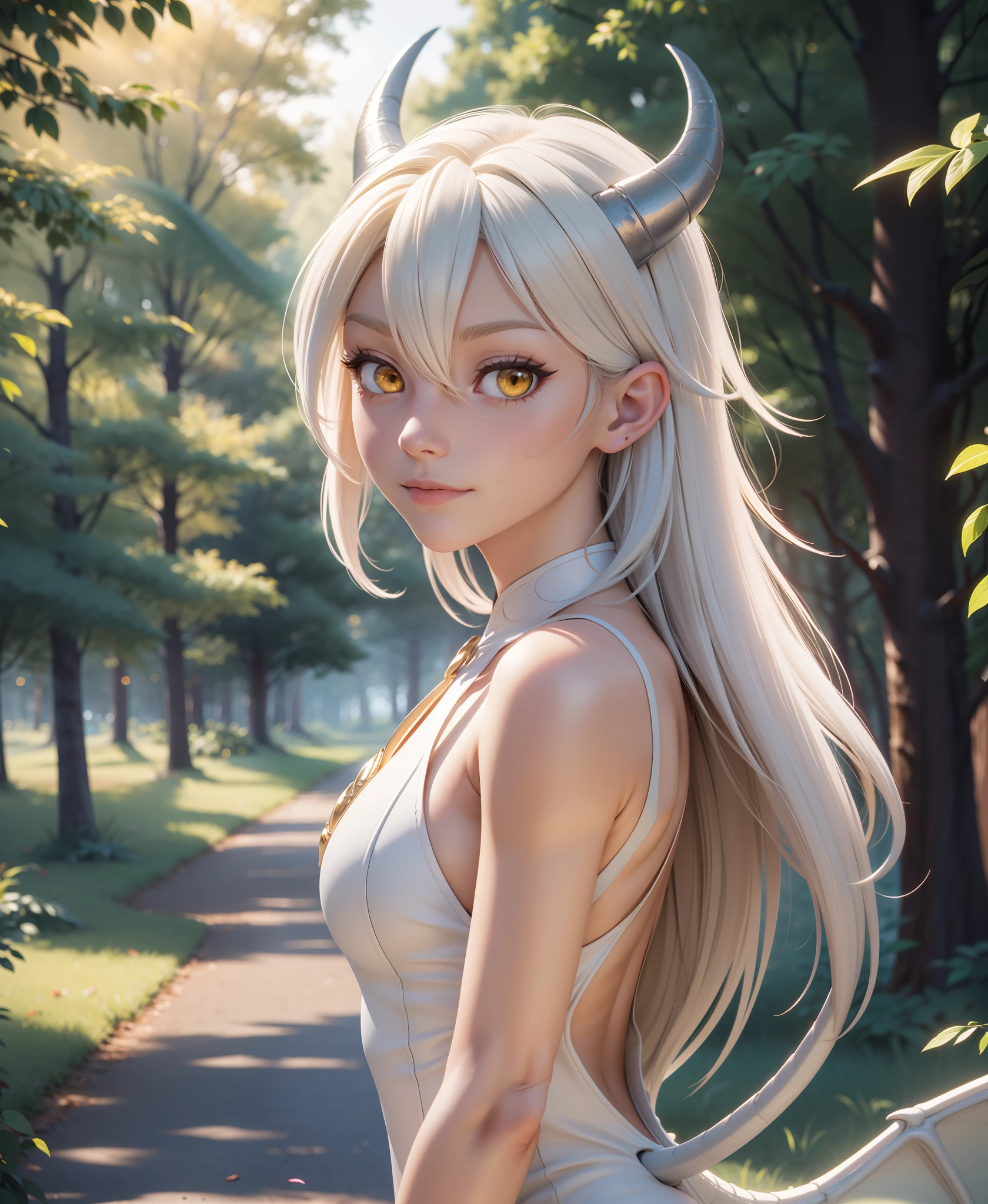 human-nora, twokinds, by tom_fischbach,, (best quality, masterpiece:1), full body ,solo, female human, yellow eyes, white hair, portrait, looking at viewer, horns, scalie, dragon wings, dragon tail, dragon humanoid, (outdoors dark forest trees blurry blurred background:1.1),