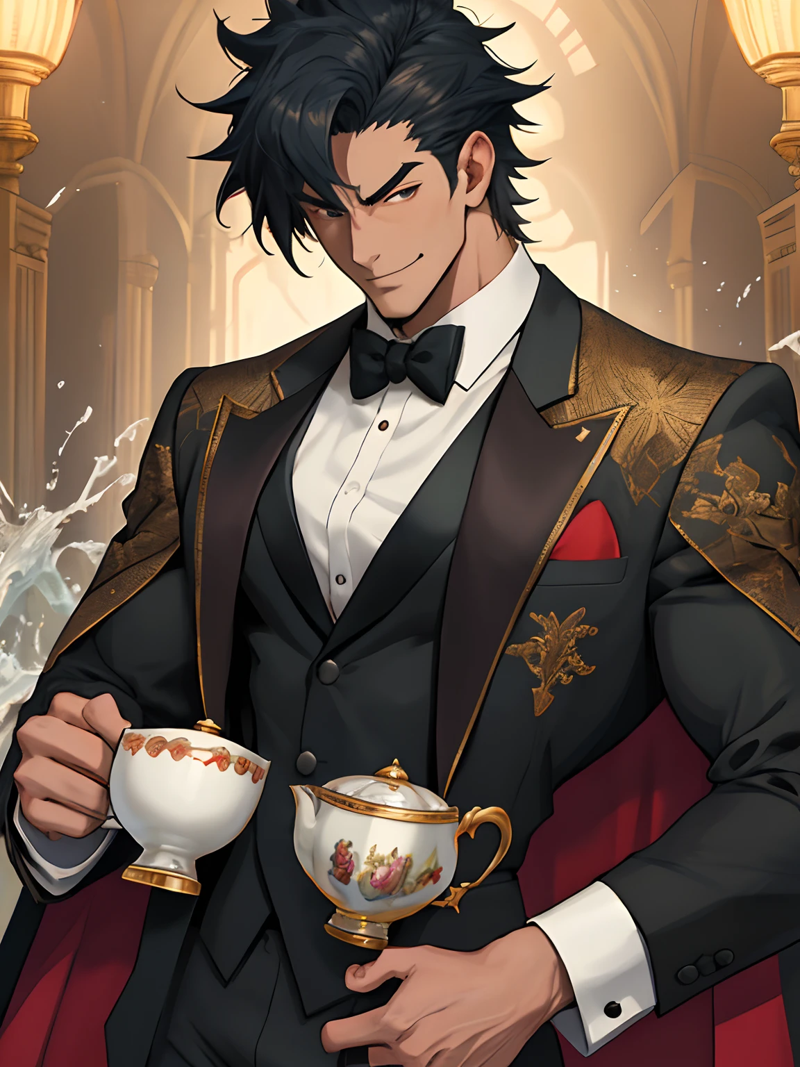 (anime style art,)extremely masculine muscular character,muscular,bodybuilder, huge bulge, sexy, smirk, erotic, 8 pack abs, tuxedo, tea servic e, tea cup,1boy,adult,solo, masterpiece, best quality,4k, Main, rainbow,, hair, cape,bare chest, suit pin?,  fashion, fire, water, magic, stud, boyish, cute, tuxedo, tea service, tea