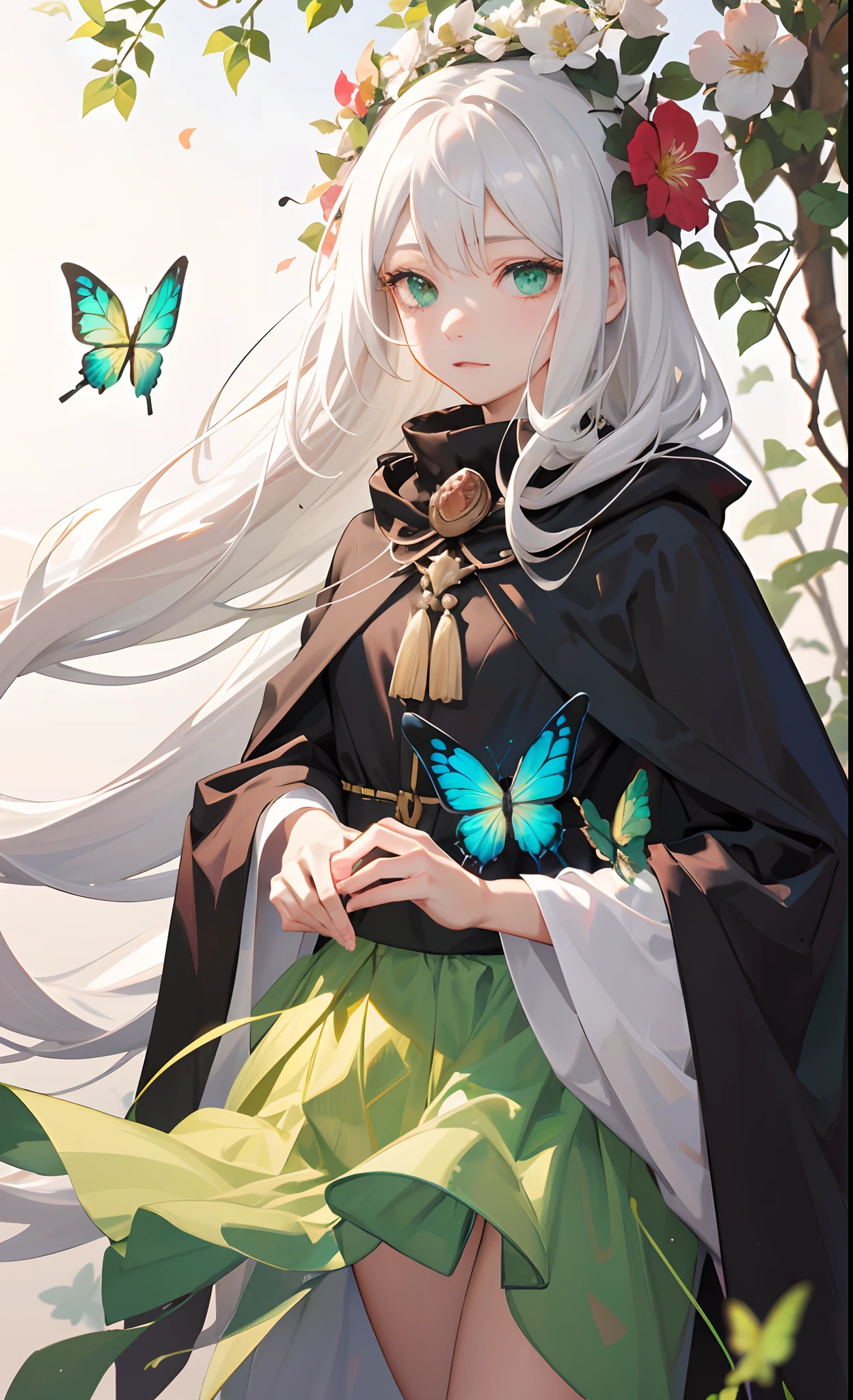 masutepiece, Best Quality, (White long hair: 1.7), (Beautiful green eyes: 1.7), (Short black cloak: 1.3). (Modern City: 1.5), girl, Single flower on the head, ((High Detail Skin, Visible Pore)), (Perfect figure), beautiful Girl, side lights, (Fine beautiful eyes: 1.2), (masutepiece), Portrait, (Bust), Realistic, Anatomically correct, 3D Face, Sweet skin, Cute face, Bright eyes, Bright butterflies