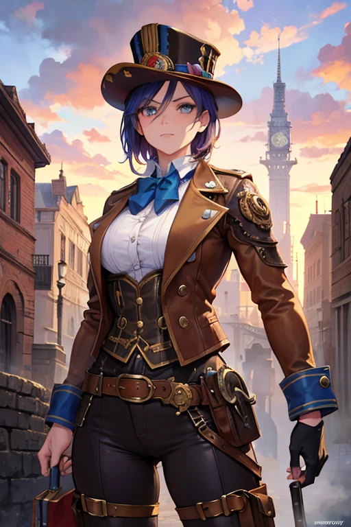 Arte em cores estilo Alex Horley, General Athletic Lined Woman Steampunk, trajando farda Azul, Dynamic shouting orders, Steampunk war scenario, Ultra HD images definition 3840x2160.