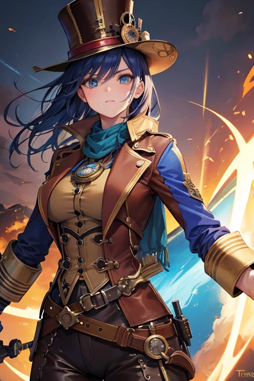 Arte em cores estilo Alex Horley, General Athletic Lined Woman Steampunk, trajando farda Azul, Dynamic shouting orders, Steampunk war scenario, Ultra HD images definition 3840x2160.