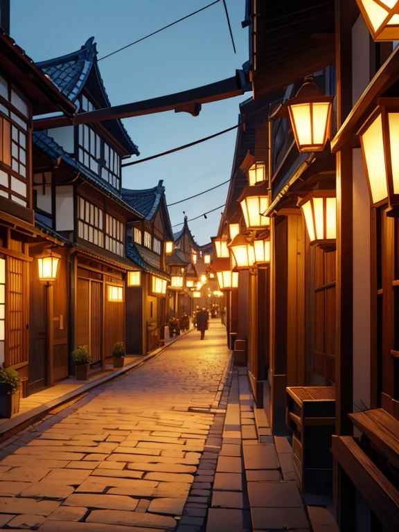 Dutch Angle (DA) medieval Japanese city in celebration with lanterns