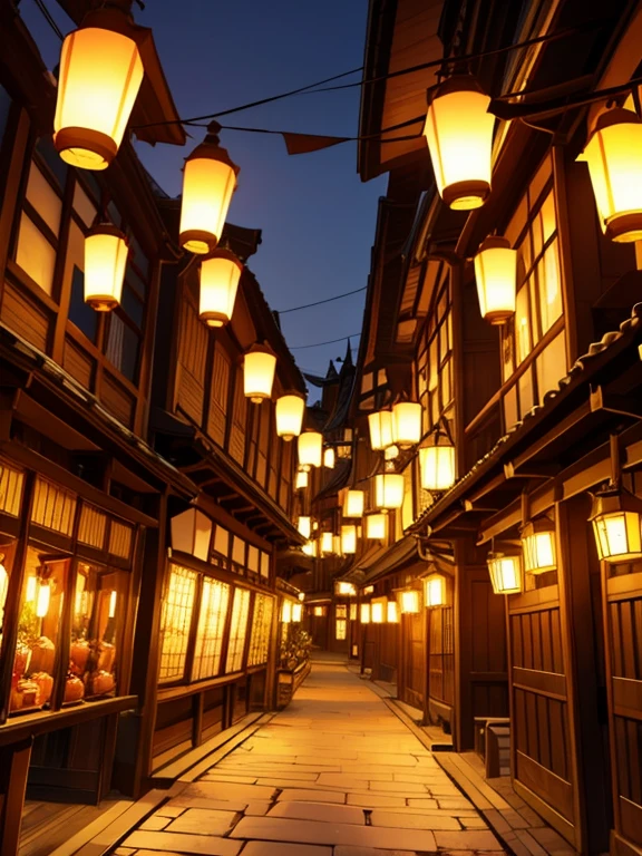 Dutch Angle (DA) medieval Japanese city in celebration with lanterns
