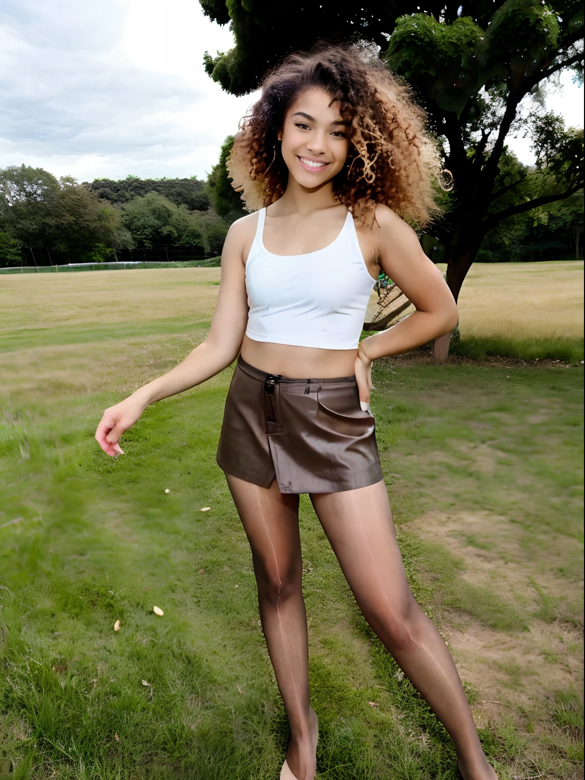 show entire body, feet in view, aerial view, Zendaya, curly blonde hair, mini skirt, tank top, pantyhose, not wearing shoes, smiling, HD, best quality, standing outside, grassy meadow