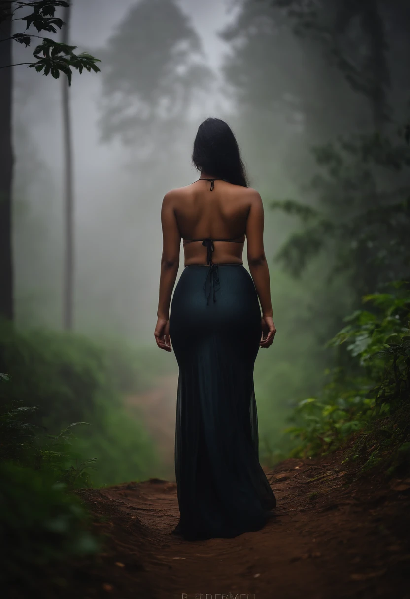 back side photo without face nude. very Long focus. Far away kerala big boobed , curvy girl in skirt standing in heavy rain and fog in forest . Long view sexy view. giving back pose without face. semi nude. Big ass - 8K quality - realistic