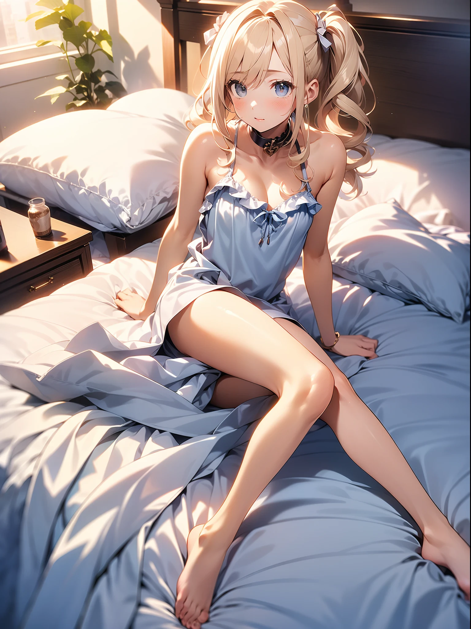in 8K、top-quality、masterpiece、ultra-detailliert、Ultra-high resolution、((1 persons))、girl with、a blond、Twin-tailed、Medium chest、(((on the beds)))、Camisole-wearing、((bare shoulders))、No shoulder straps
