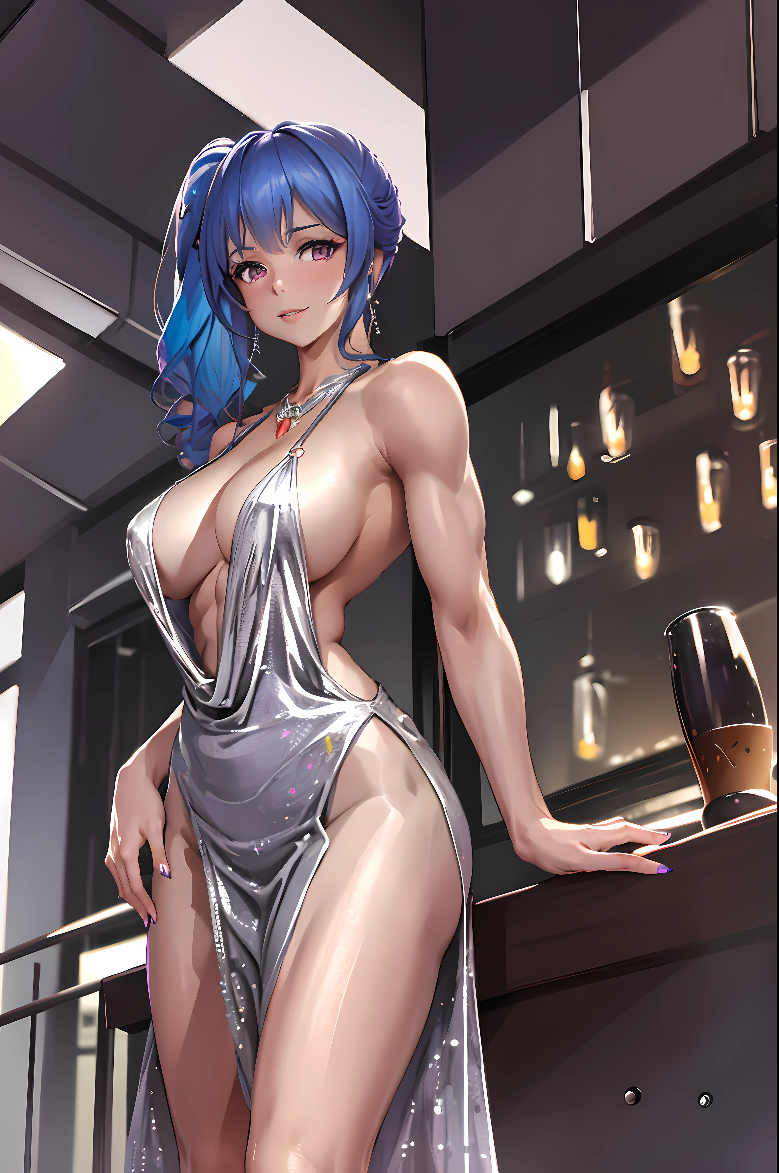 best quality, masterpiece, solo, {st louis_azurlane:1.15}, blue hair, bangs, sidelocks, , , side ponytail, blush, long hair, cleavage, purple eyes, hair ornament, smile, hair between eyes, jewelry, pink eyes, 1girl, backless dress, backless outfit,  shoulders, dress, evening gown, , halterneck, necklace, plunging neckline, revealing clothes, silver dress, earrings, grey dress, hairclip, looking at viewer, thighs, parted lips, nail polish, (muscular:1.6), arms up