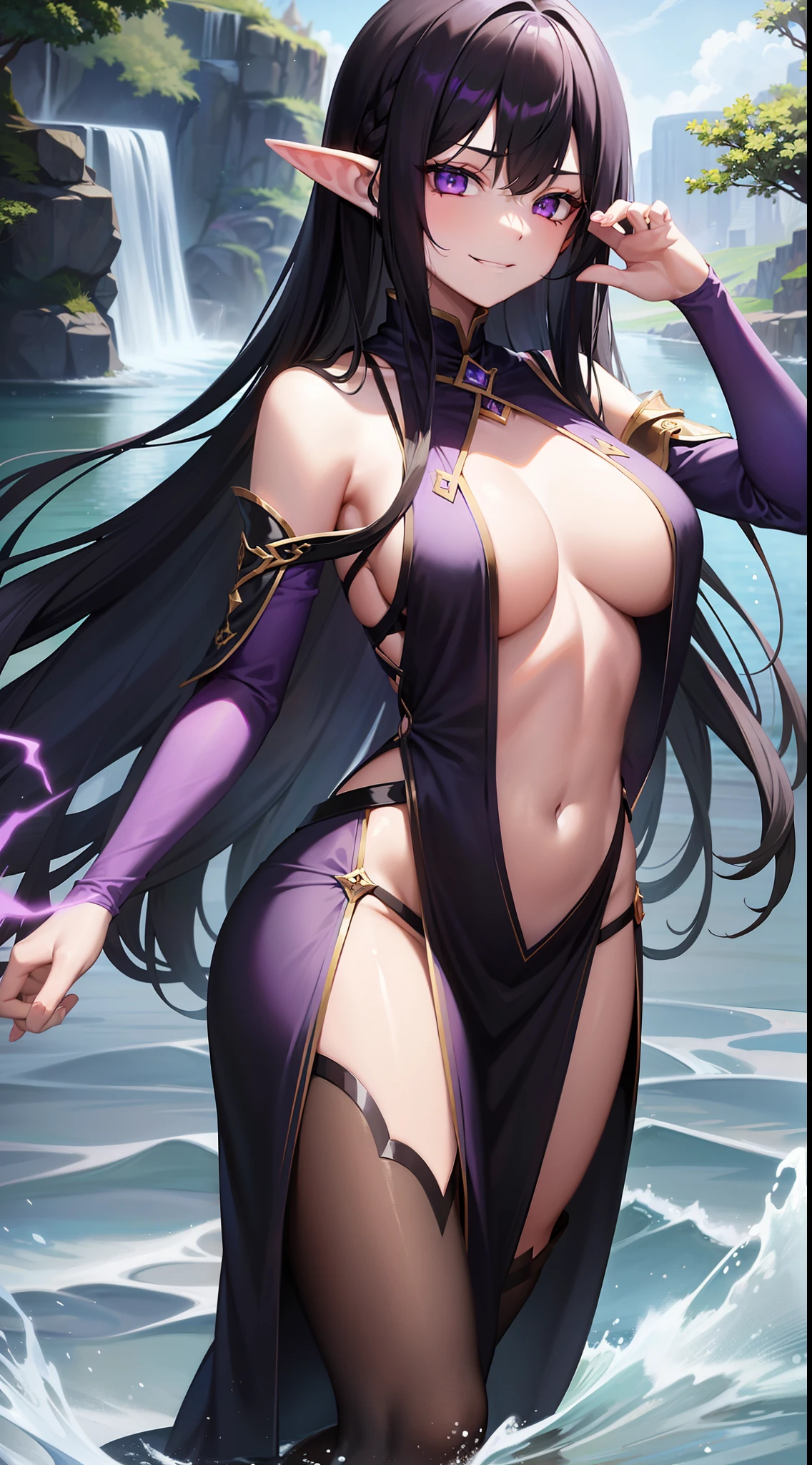 young girl, Long black hair, violet eyes, elf ears, smirk, Purple Sorcerer Form, Gold Elements, water magic, Masterpiece, hiquality, 4k, HD, Good detail