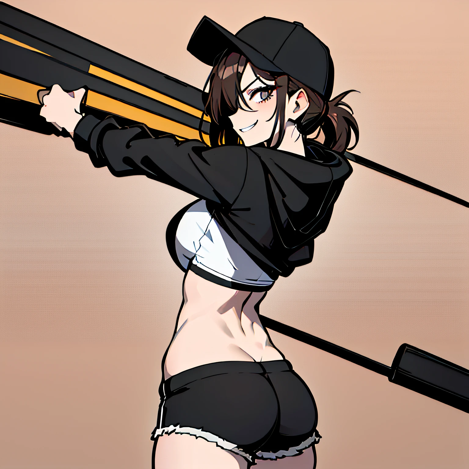 (absurdres, 8k, 4k, masterpiece, hyper extreme detailed:1.2), solo, 1girl, front view, portrait, best quality, expressive eyes, perfect face, 1girl, portrait, solo, standing, Female, toned body, mature female, medium breasts, pale, hair covering one eye, dark brown hair, medium hair, sarcastic, snarky, soldier, adult, hazel eyes, delinquent, sarcastic, smirk, crazy eyes, messy hair, swept bangs, perfect anatomy, front view, hoodie, baseball cap, shorts, full body, butt, backside, back view,