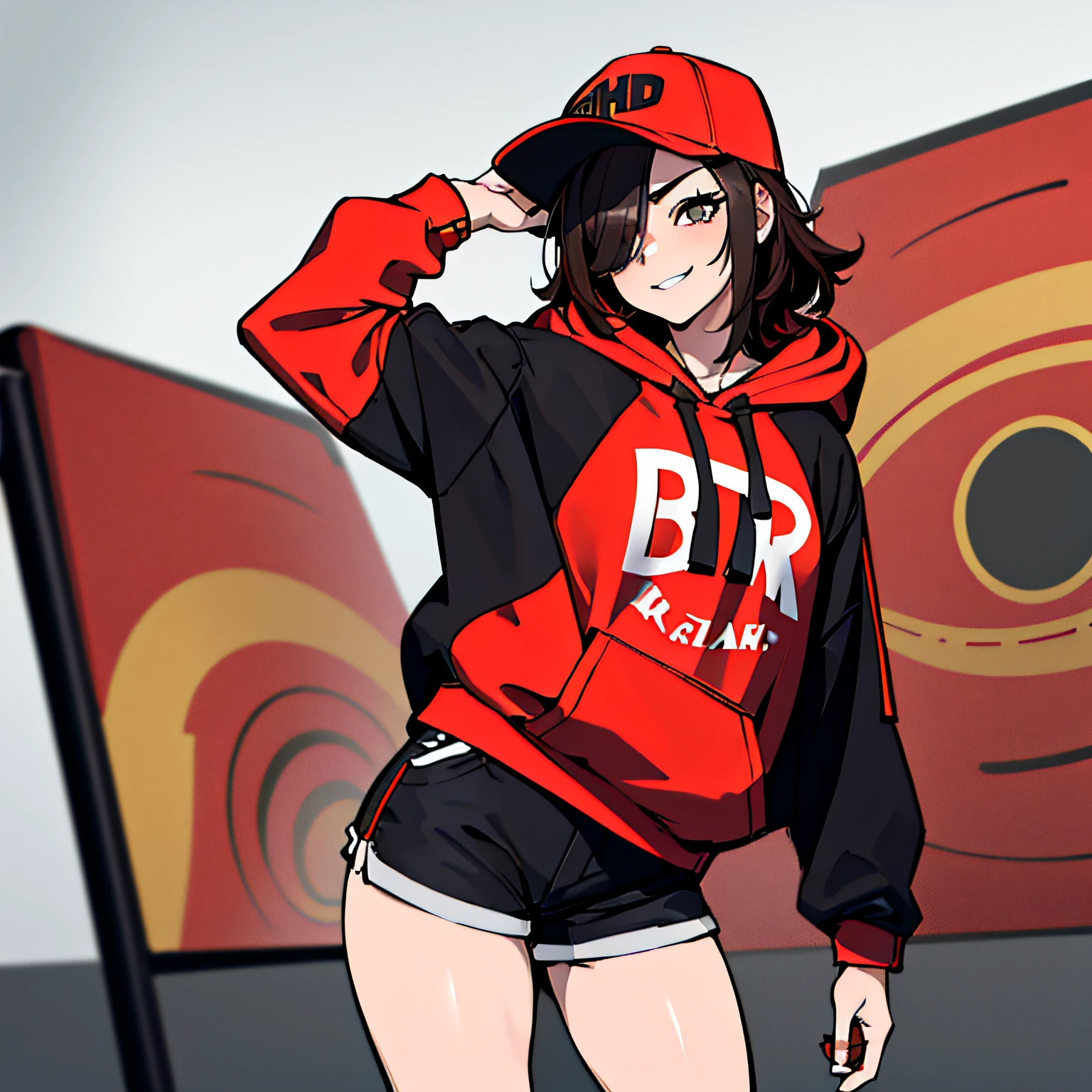 (absurdres, 8k, 4k, masterpiece, hyper extreme detailed:1.2), solo, 1girl, front view, portrait, best quality, expressive eyes, perfect face, 1girl, portrait, solo, standing, Female, toned body, mature female, medium breasts, pale, hair covering one eye, dark brown hair, medium hair, sarcastic, snarky, soldier, adult, hazel eyes, delinquent, sarcastic, smirk, crazy eyes, messy hair, swept bangs, perfect ???????, front view, hoodie, baseball cap, shorts, full body, butt, backside, back view,