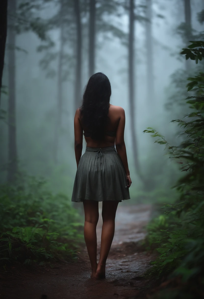 back side photo without face . very Long focus. Far away kerala big boobed , curvy girl in short skirt standing in heavy rain and fog in forest . Long view sexy view. giving back pose without face. semi . Big ass - 8K quality - realistic