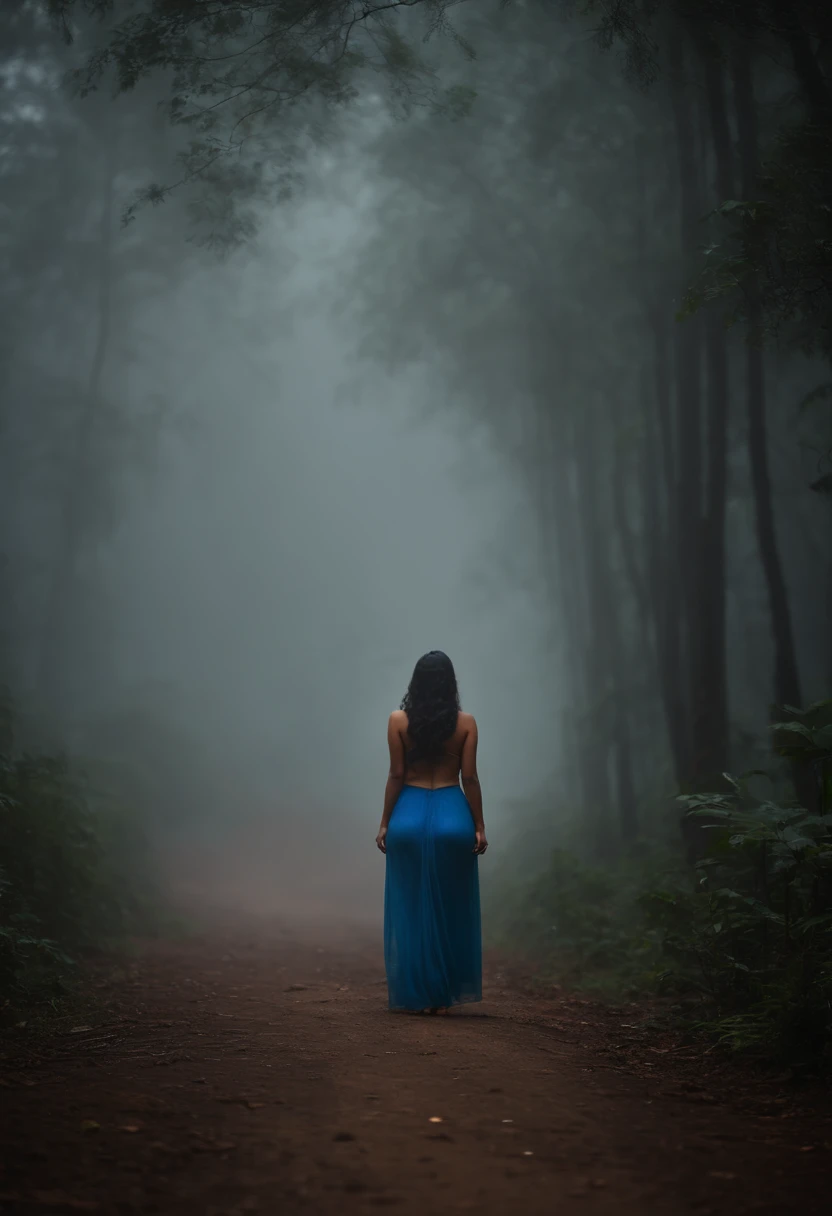 back side photo without face . very Long focus. Far away kerala big boobed , curvy girl in short skirt standing in heavy rain and fog in forest . Long view sexy view. giving back pose without face. semi . Big ass - 8K quality - realistic