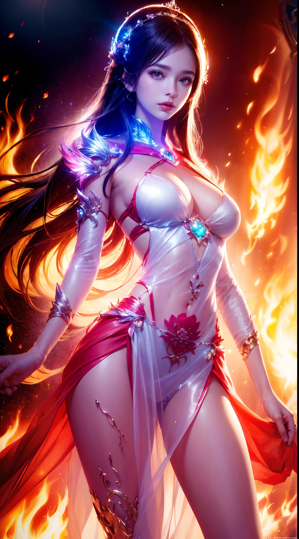 (best quality,4k,8k,highres,masterpiece:1.2),ultra-detailed,(realistic,photorealistic,photo-realistic:1.37), madness, magic, beautiful magic, (two girls), fire mage, ice mage, (ice and flame), (very beautiful fantasy background, fantasy clothes), portraits, vivid colors, intense lighting, brush strokes, ethereal atmosphere, spellbinding, enchanting scenery, mesmerizing expressions, whimsical, mystical, intricate details, dynamic poses, captivating moments, enchanting eyes, flowing robes, flickering flames, crystalline ice, mythical creatures, surreal landscapes, otherworldly, magical elements, bewitching beauty, ethereal glow, transcendent, harmonic color palette. ( see thru panties), (erect see thru clothes). (Obscene lines), ((red glow crotch tattoo)), inmon, womb tattoo, succub tattoo, (tiara), jewelry, corrupted princess, (glowing magic transparent magic transparent cape dress)