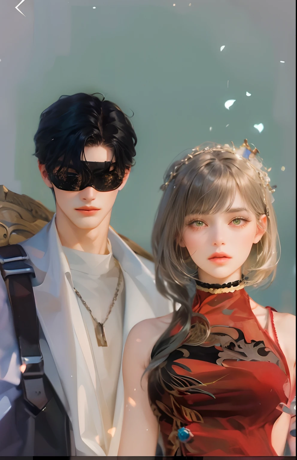 Couple, 1 girl 1 boy, different hair color, long black sleek hair with flat bangs and green eyes, short black hair and (yellow eyes) with soft beard, romance, romantic, height different, fantasy, detailed eyes, simple background